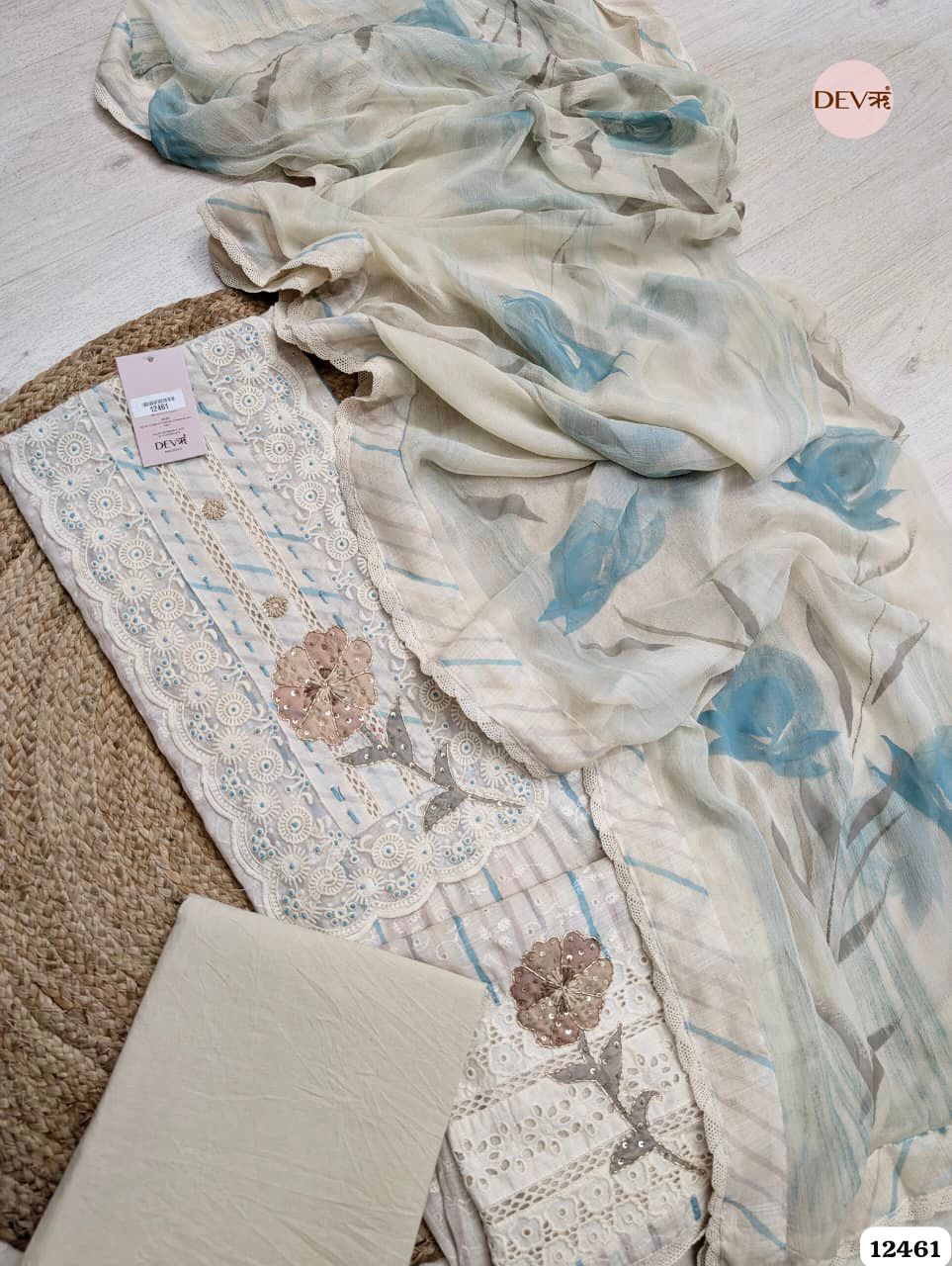 Blue & Beige Pure Linen Embroidered Unstitched 3-Piece Suit (Devri – D.No 12461)