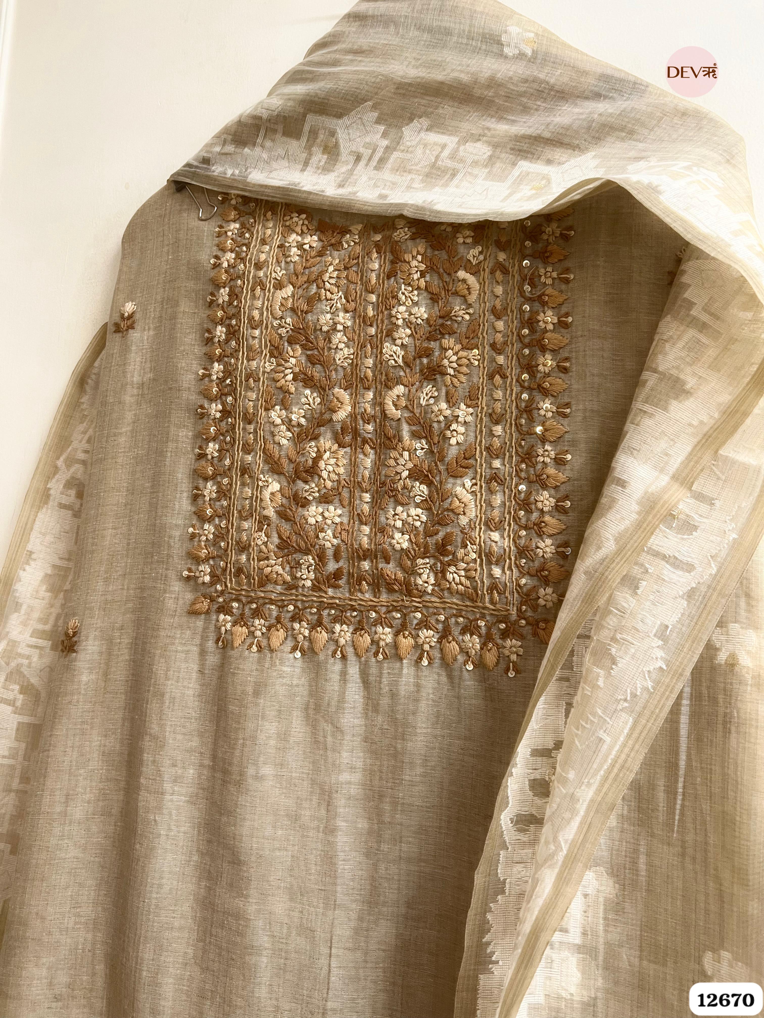 Beige Mul Chanderi Embroidered Unstitched 3-Piece Suit (Devri – D.No 12670)
