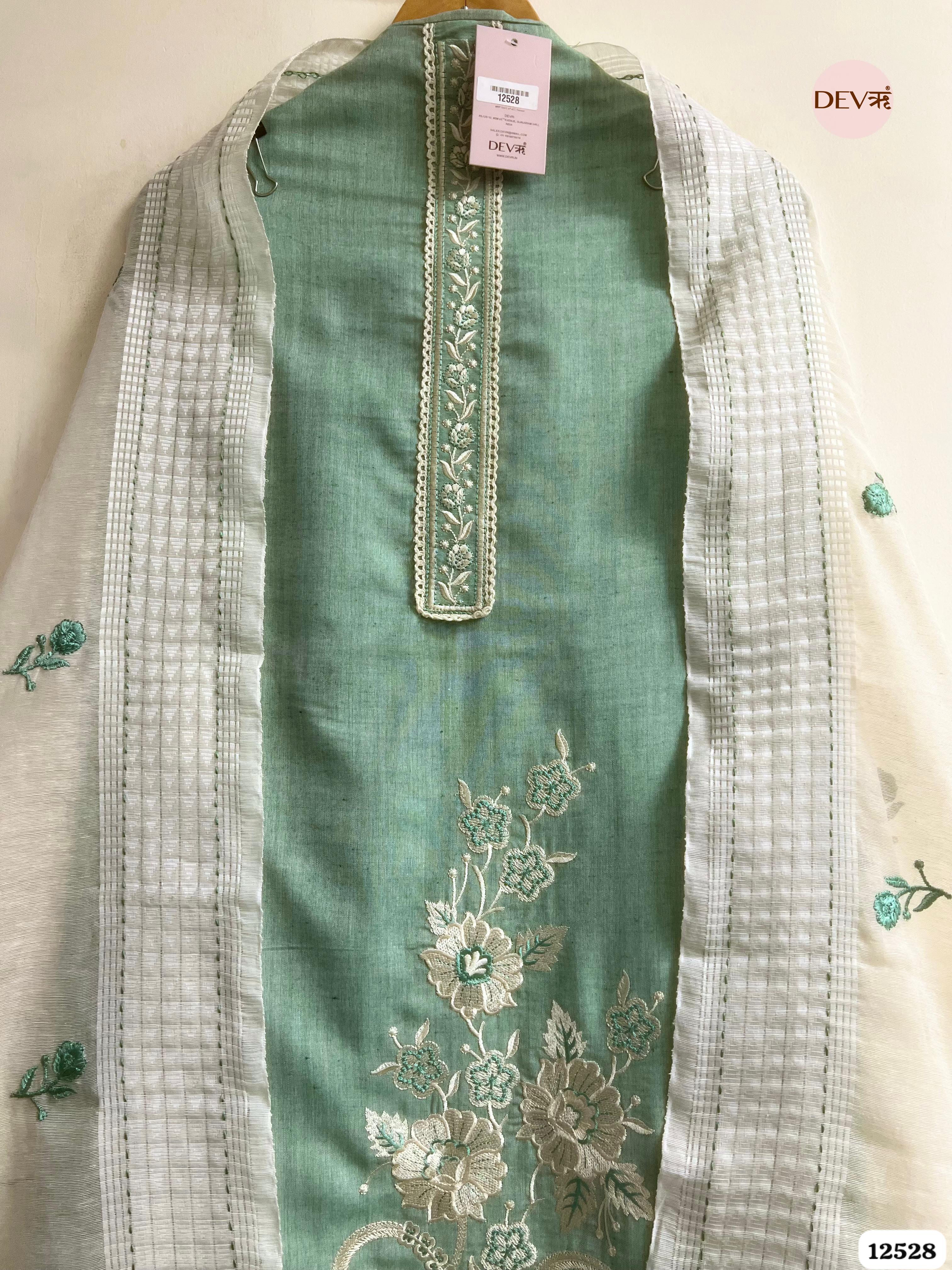 Mint Handloom Cotton Embroidered Unstitched 3-Piece Suit (Devri – D.No 12528)