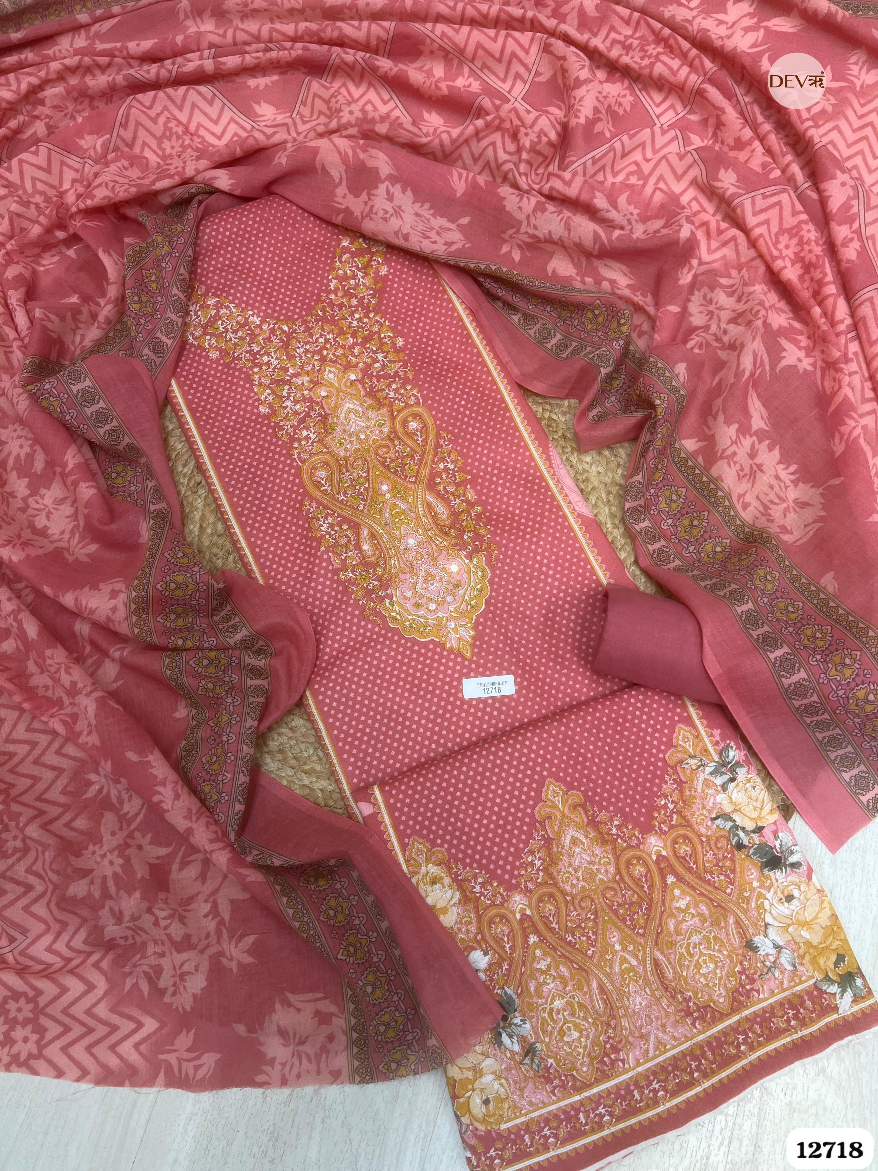 Pink Cotton Printed Unstitched 3-Piece Suit (Devri – D.No 12718)