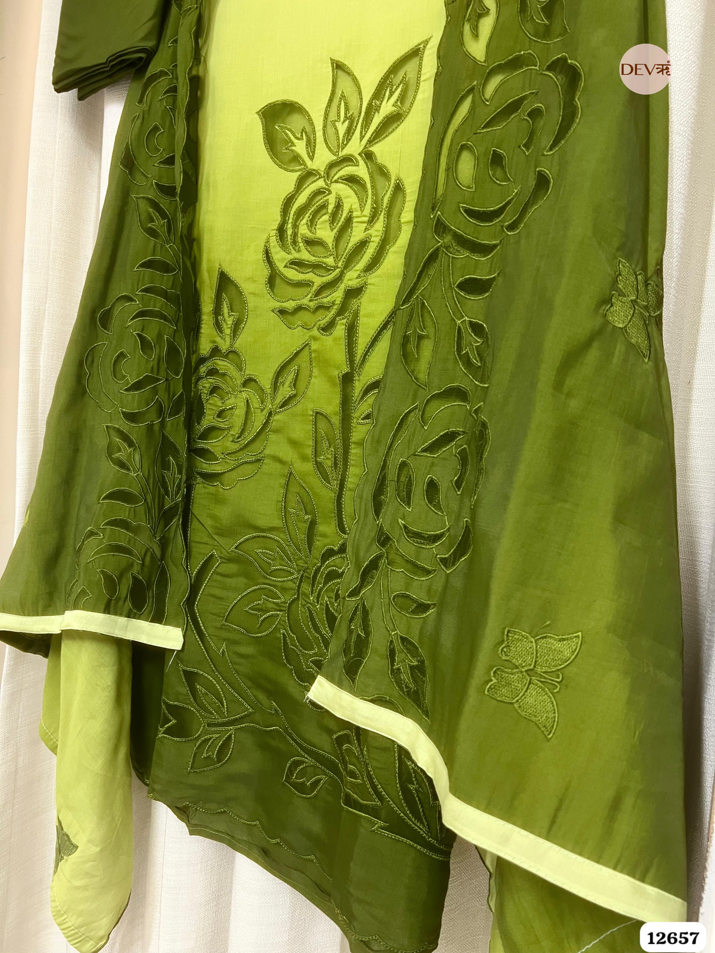 Ombre Green Mul Chanderi Embroidered Unstitched 3-Piece Suit (Devri – D.No 12657)