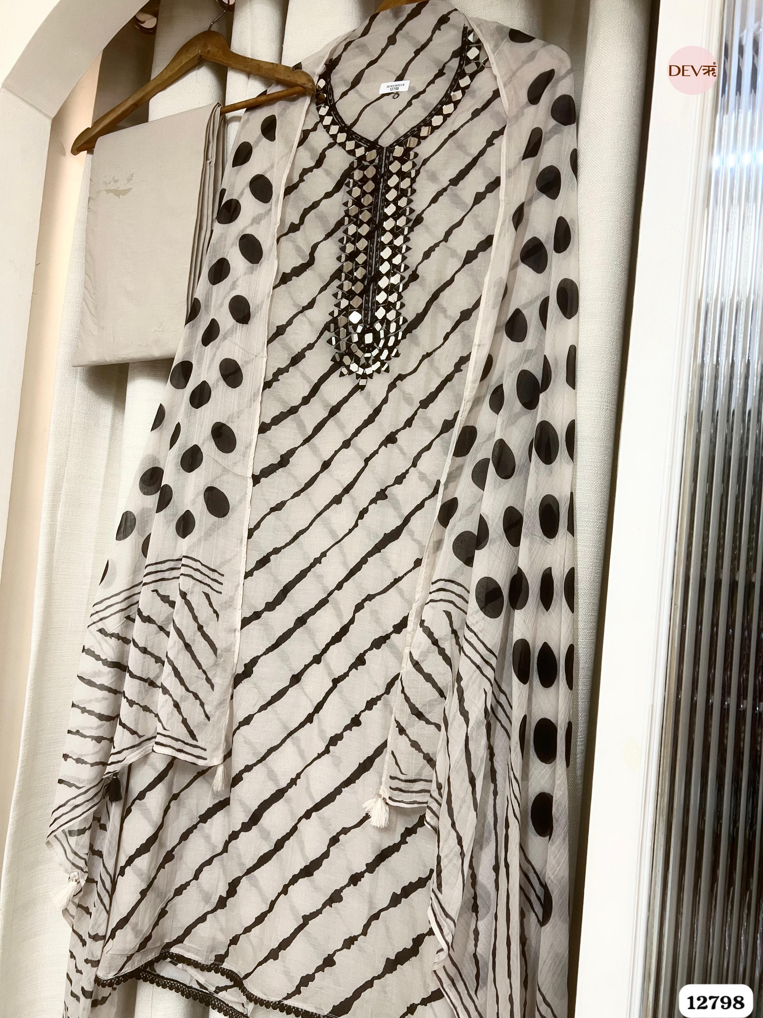 White Mul Chanderi Printed Unstitched 3-Piece Suit (Devri – D.No 12798)