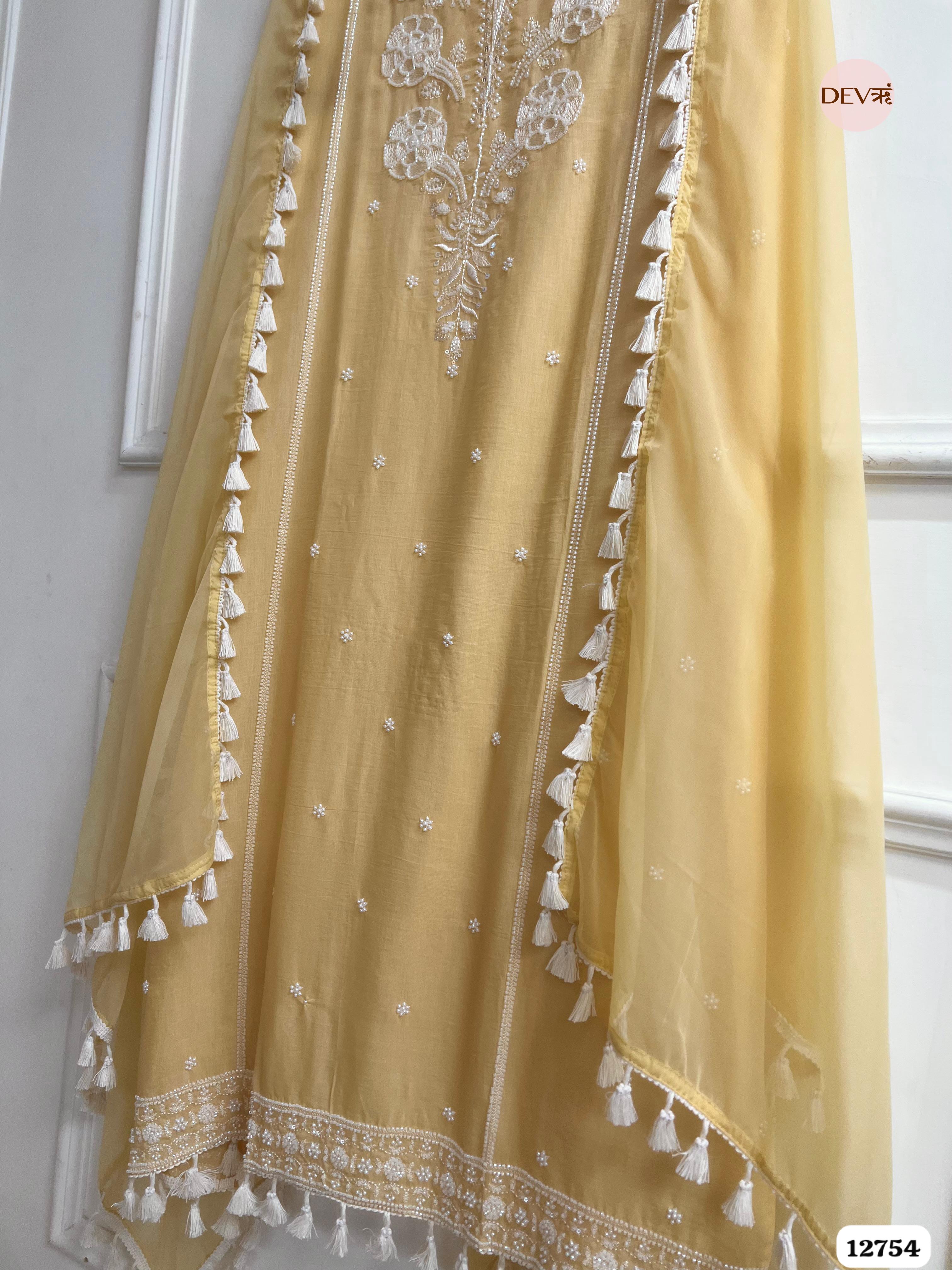 Yellow Mul Cotton Embroidered Unstitched 3-Piece Suit (Devri – D.No 12754)