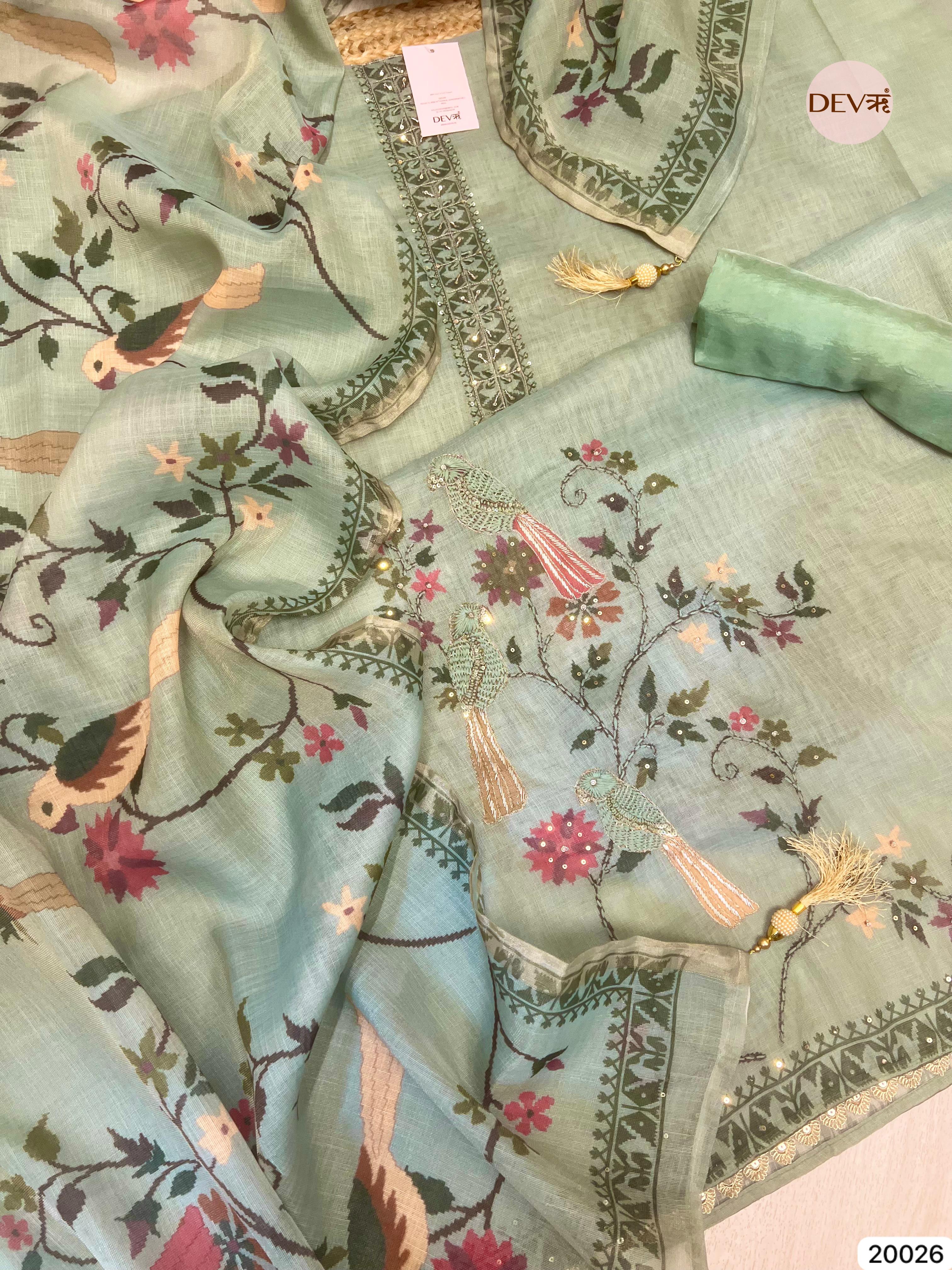 Sage Green Pure Linen Embroidered Unstitched 3-Piece Suit (Devri – D.No . 20026)