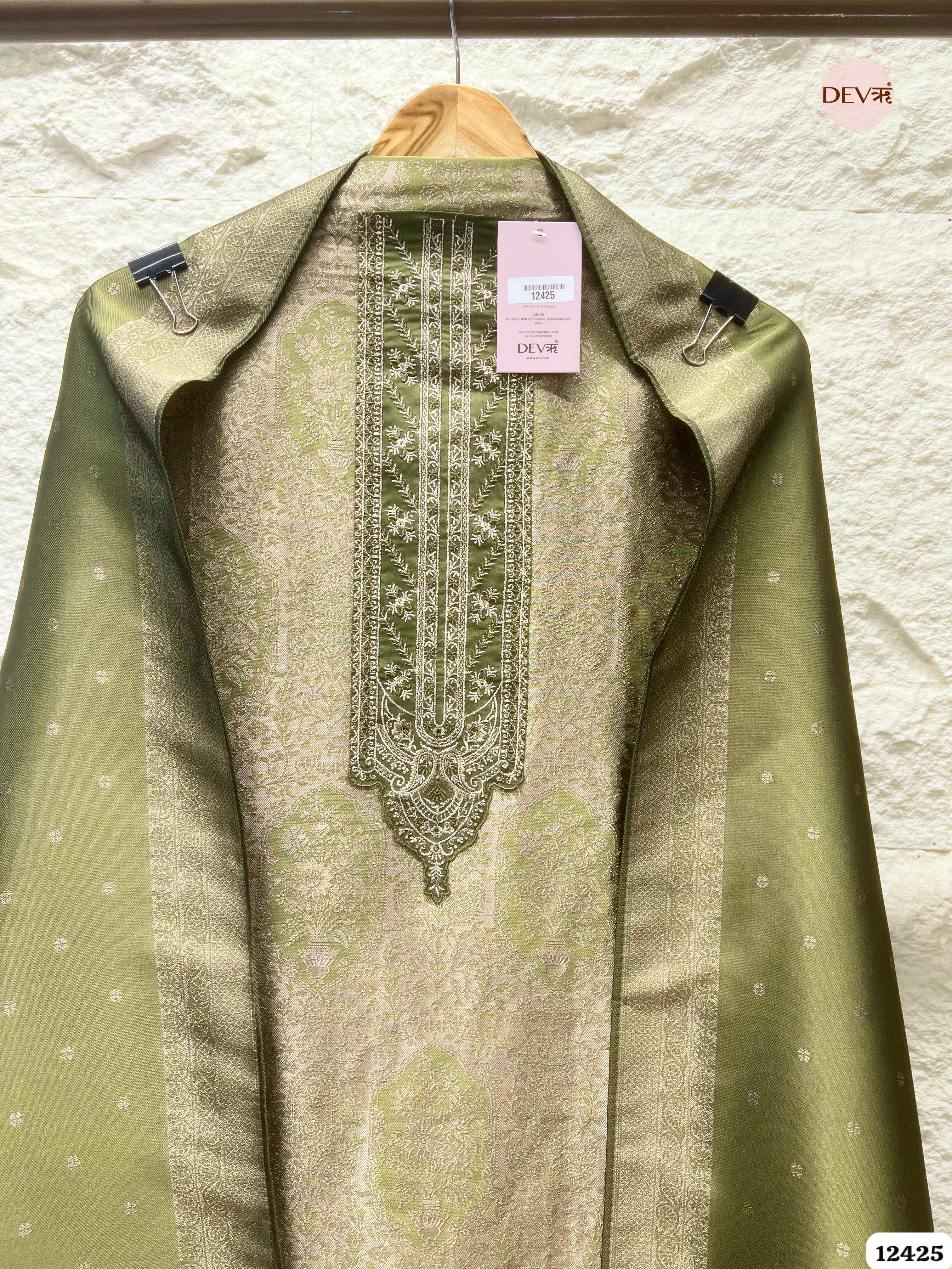 Soft Olive Banarasi Silk Printed Unstitched 3-Piece Suit (Devri – D.No. 12425)