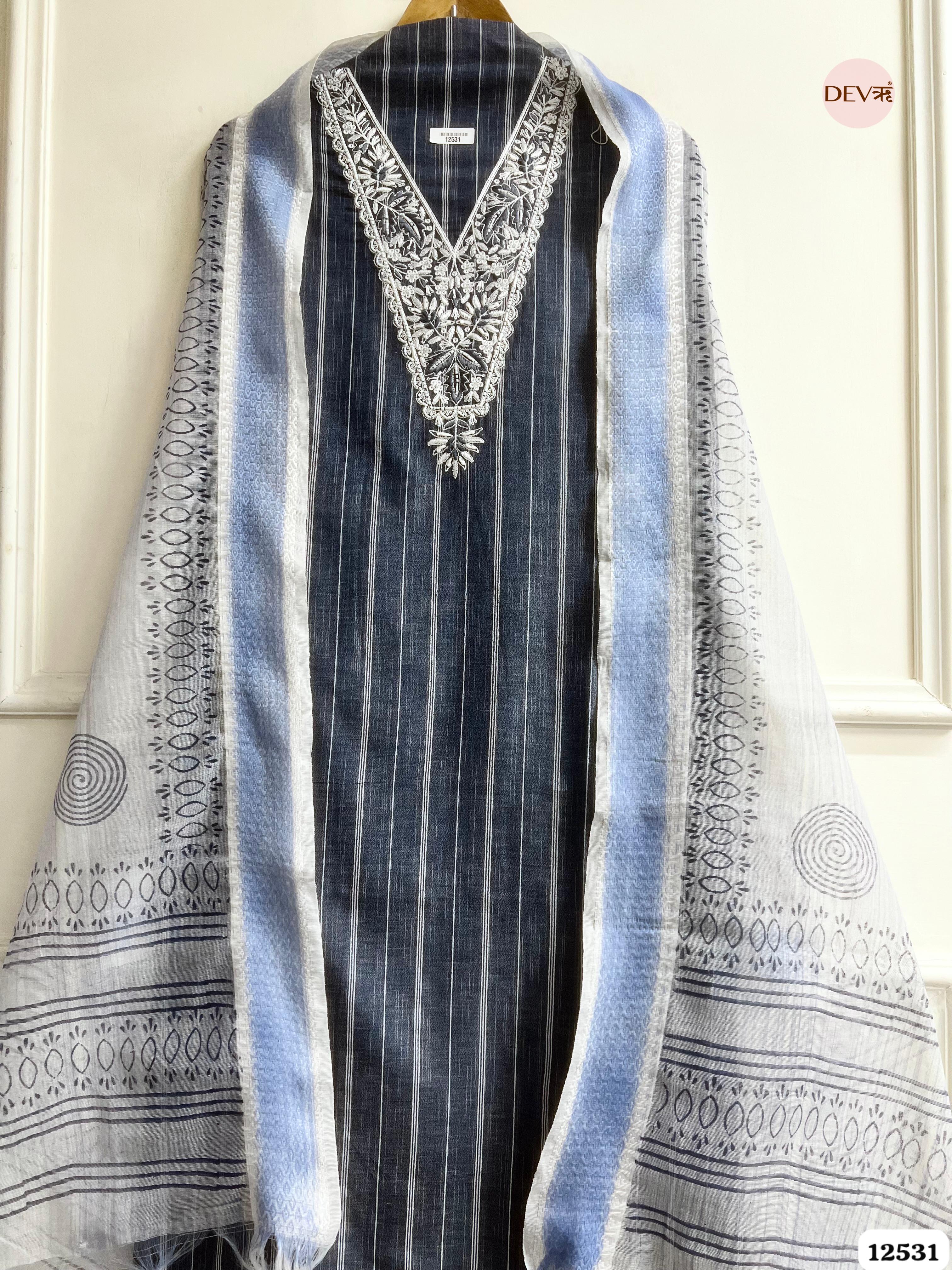 Navy Blue Handloom Cotton Embroidered Unstitched 3-Piece Suit (Devri – D.No 12531)