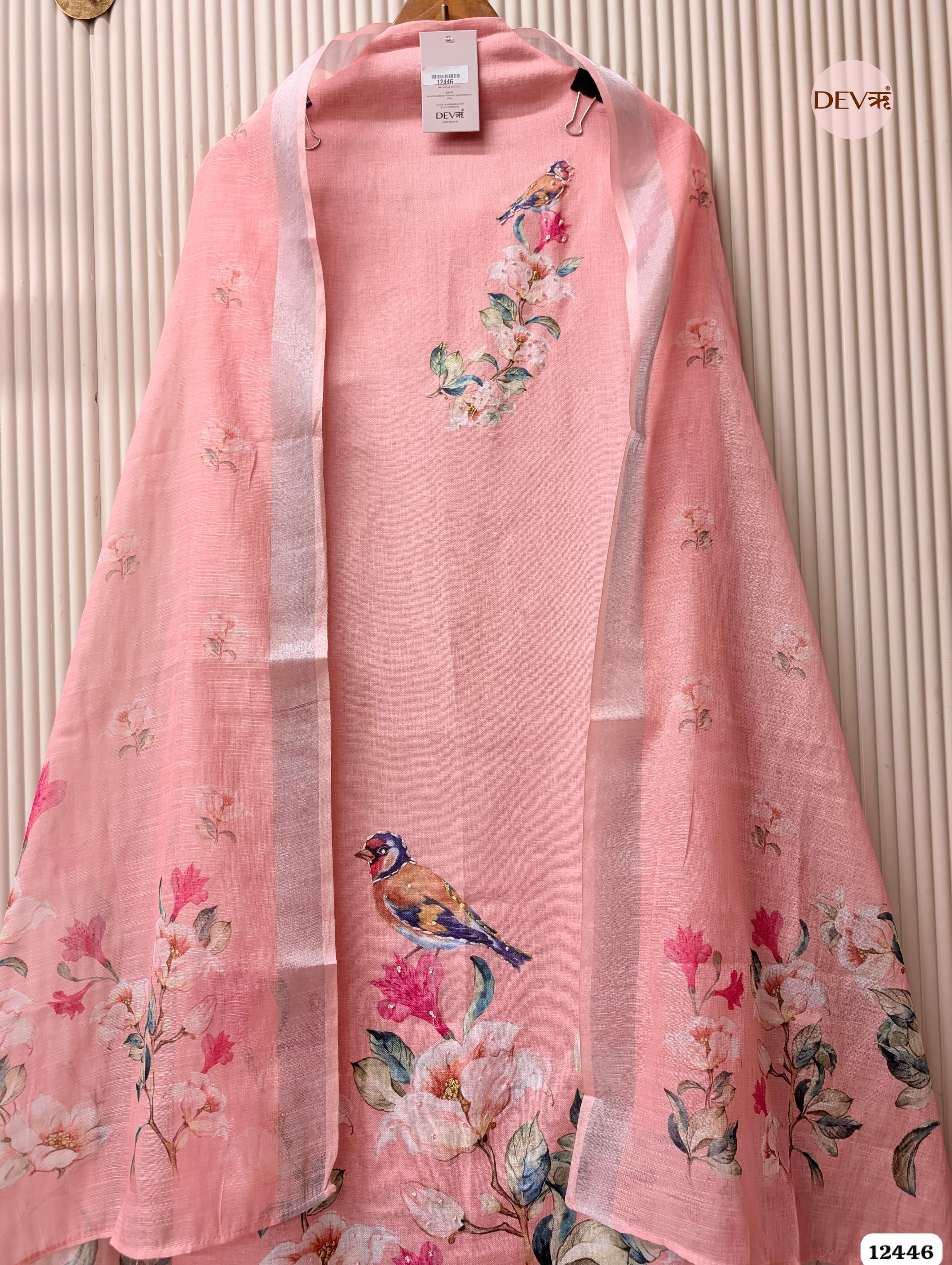Peach Linen cotton Printed Unstitched 3-Piece Suit (Devri – D.No. 12446)