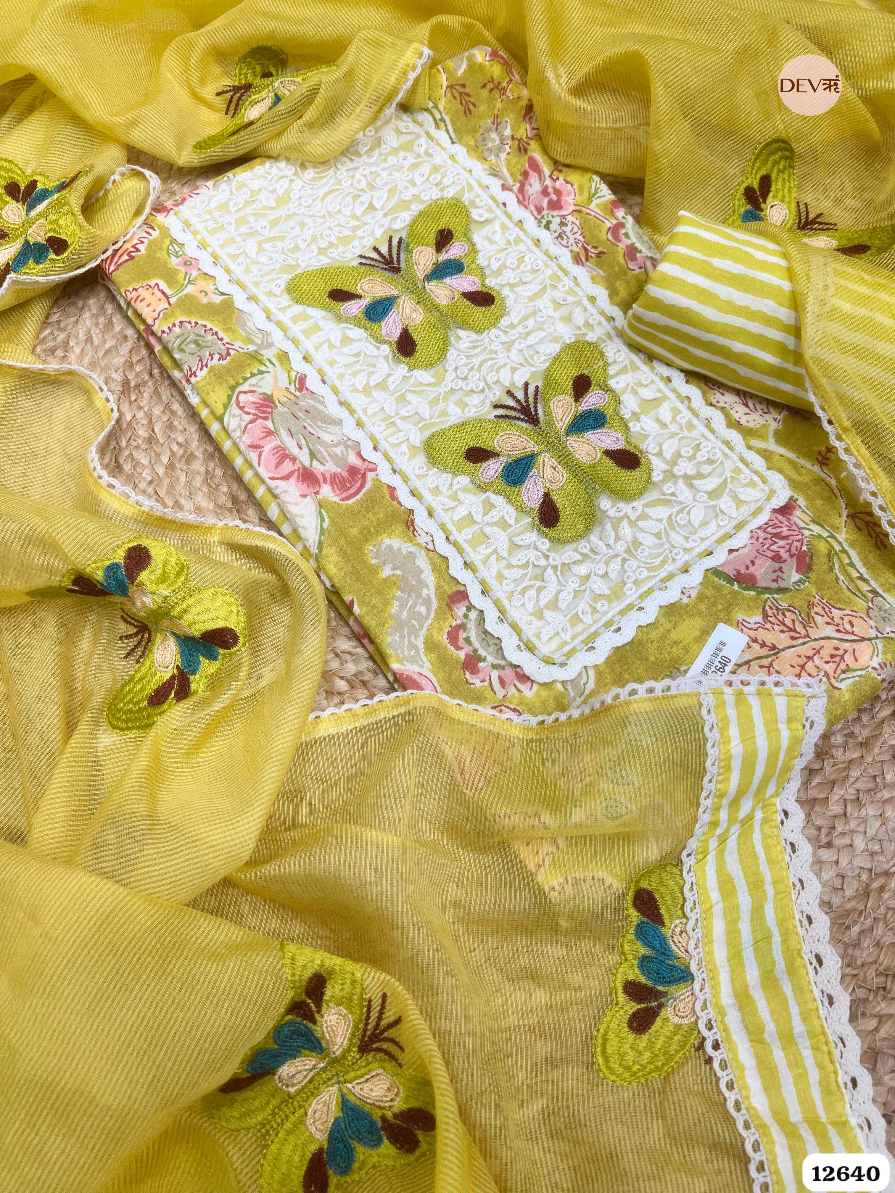 Yellow Cotton Floral Embroidered Unstitched 3-Piece Suit (Devri – D.No 12640)