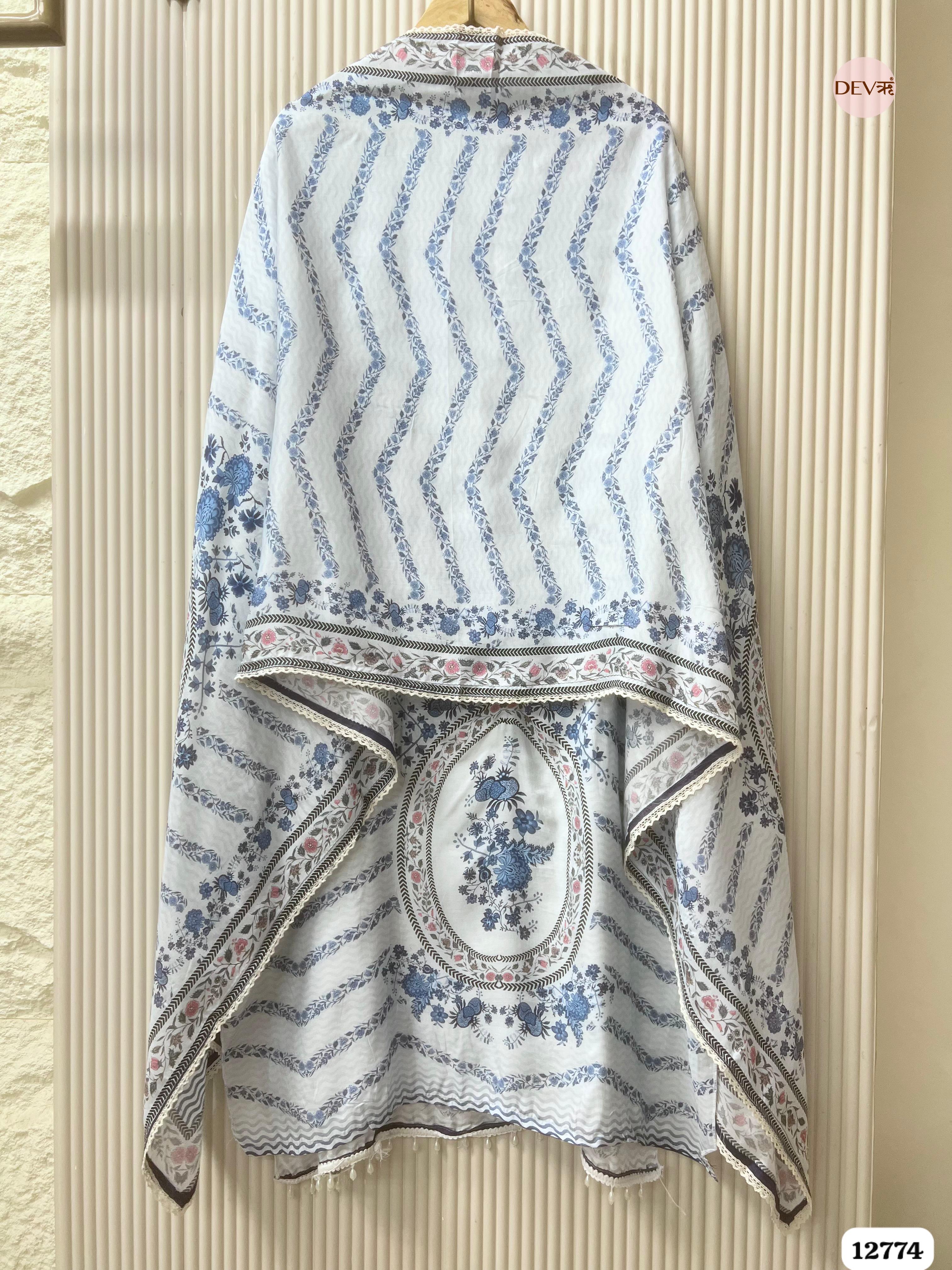White and Blue Muslin Printed Unstitched 3-Piece Suit (Devri – D.No 12774)