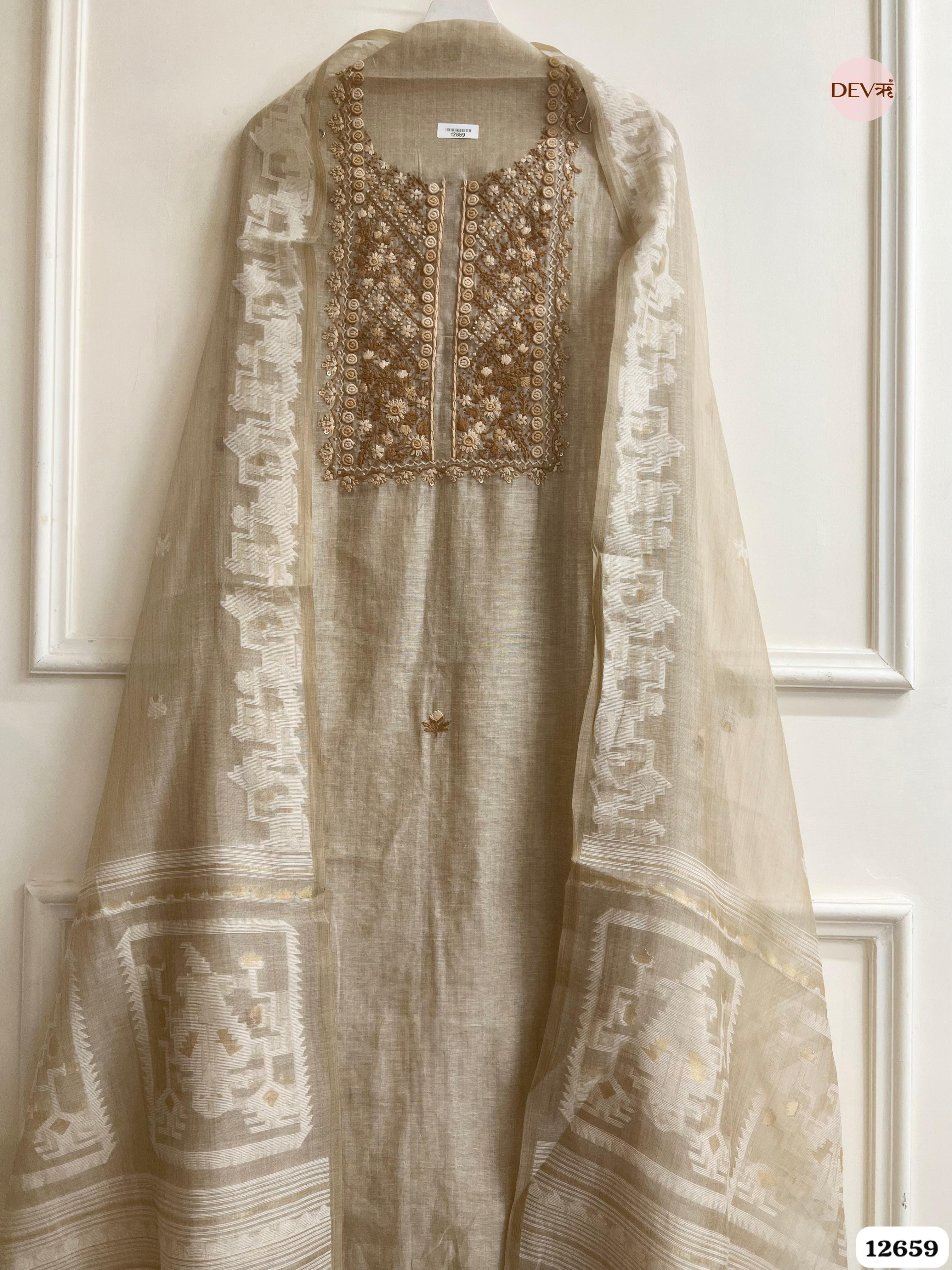 Beige Mul Chanderi Embroidered Unstitched 3-Piece Suit (Devri – D.No 12659)