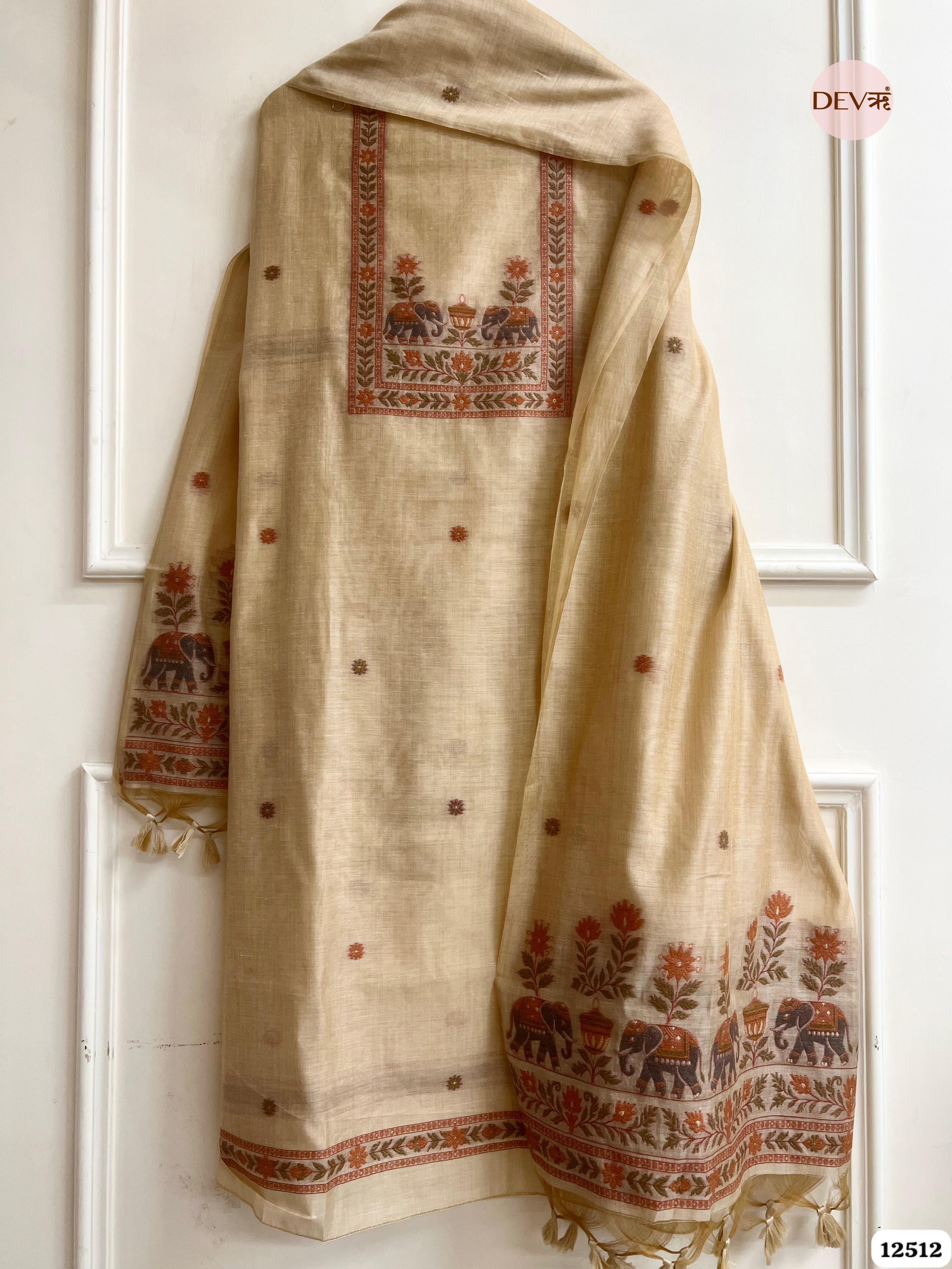 Beige Jamdani Embroidered Unstitched 3-Piece Suit (Devri – D.No 12512)