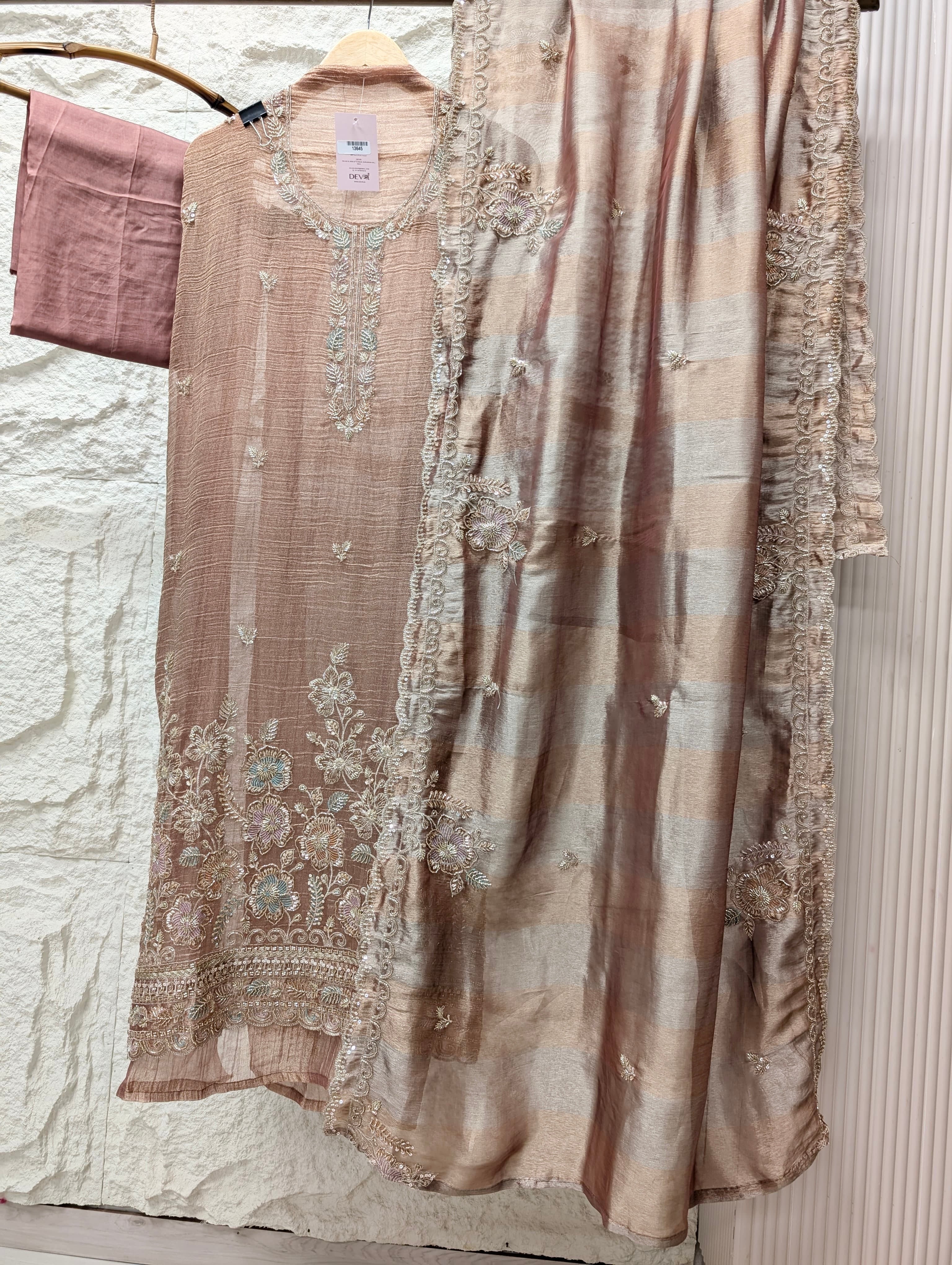 Pink Tissue Crush Silk Embroidered Unstitched 3-Piece Suit (Devri – D.No 13645)