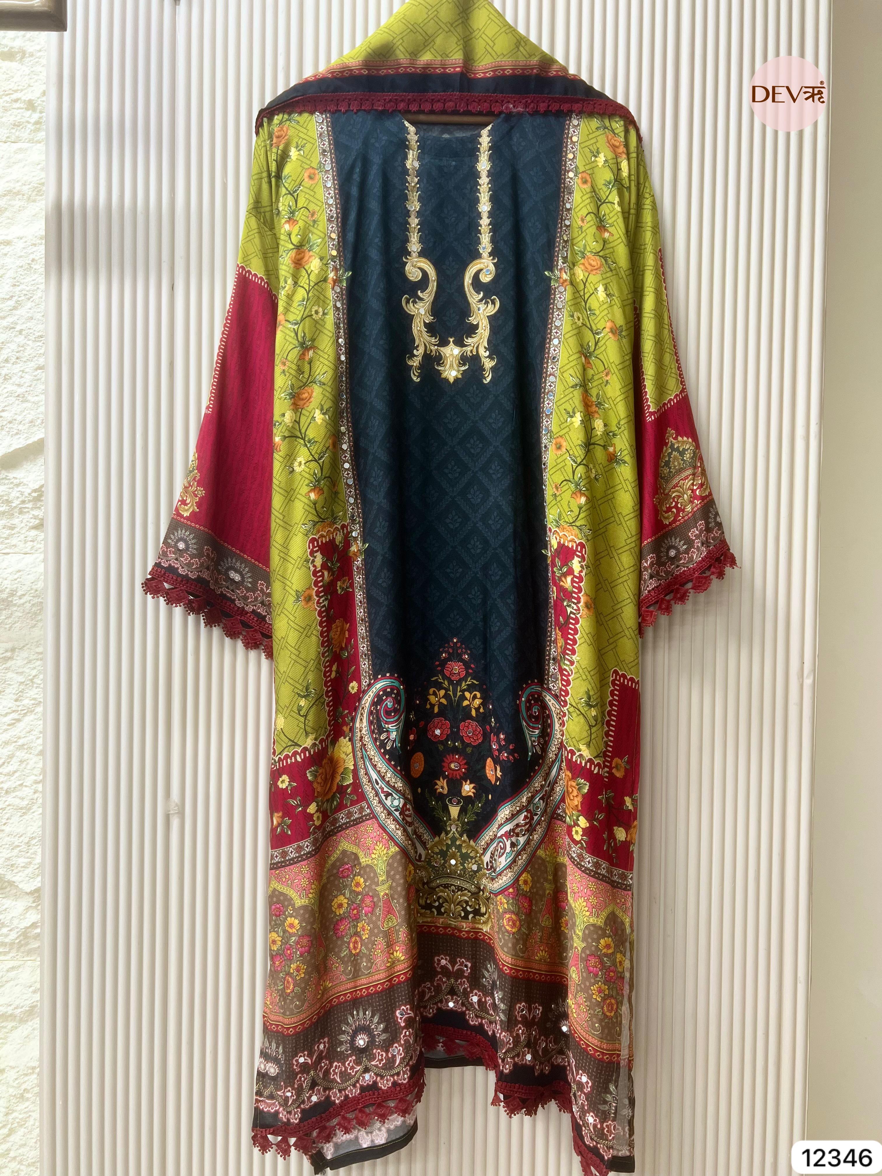 Deep Teal Muslin Printed Unstitched 3-Piece Suit (Devri – D.No 12346)