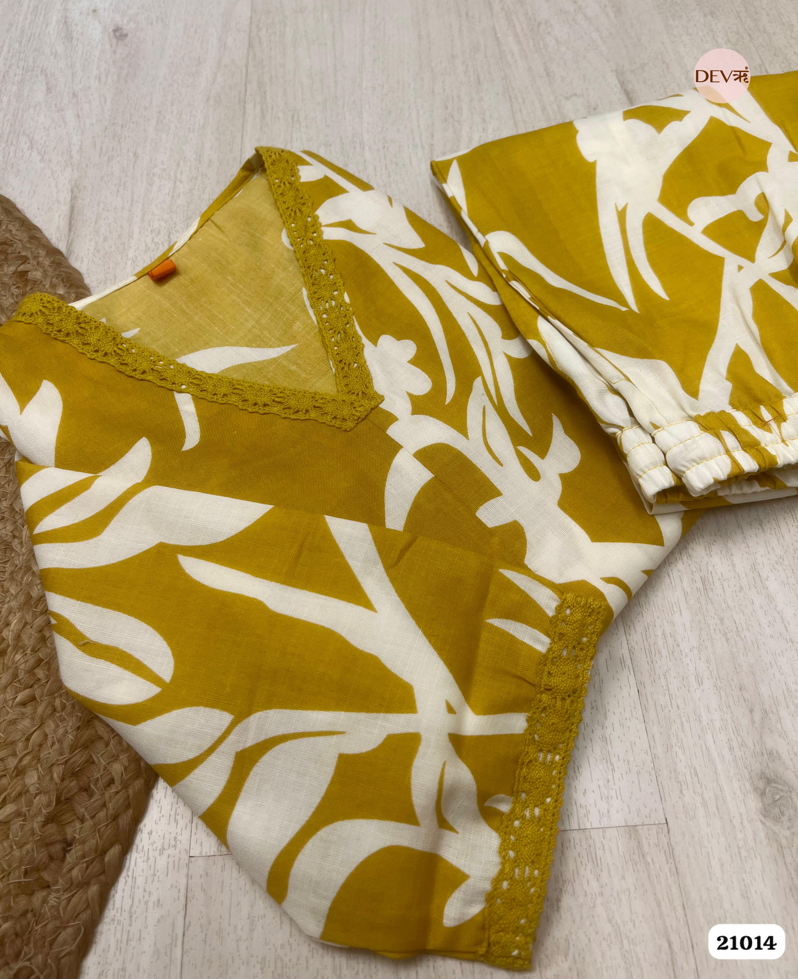 Saumya Cotton Printed Mustard 2-Piece Set (Devri – D.No 12014)