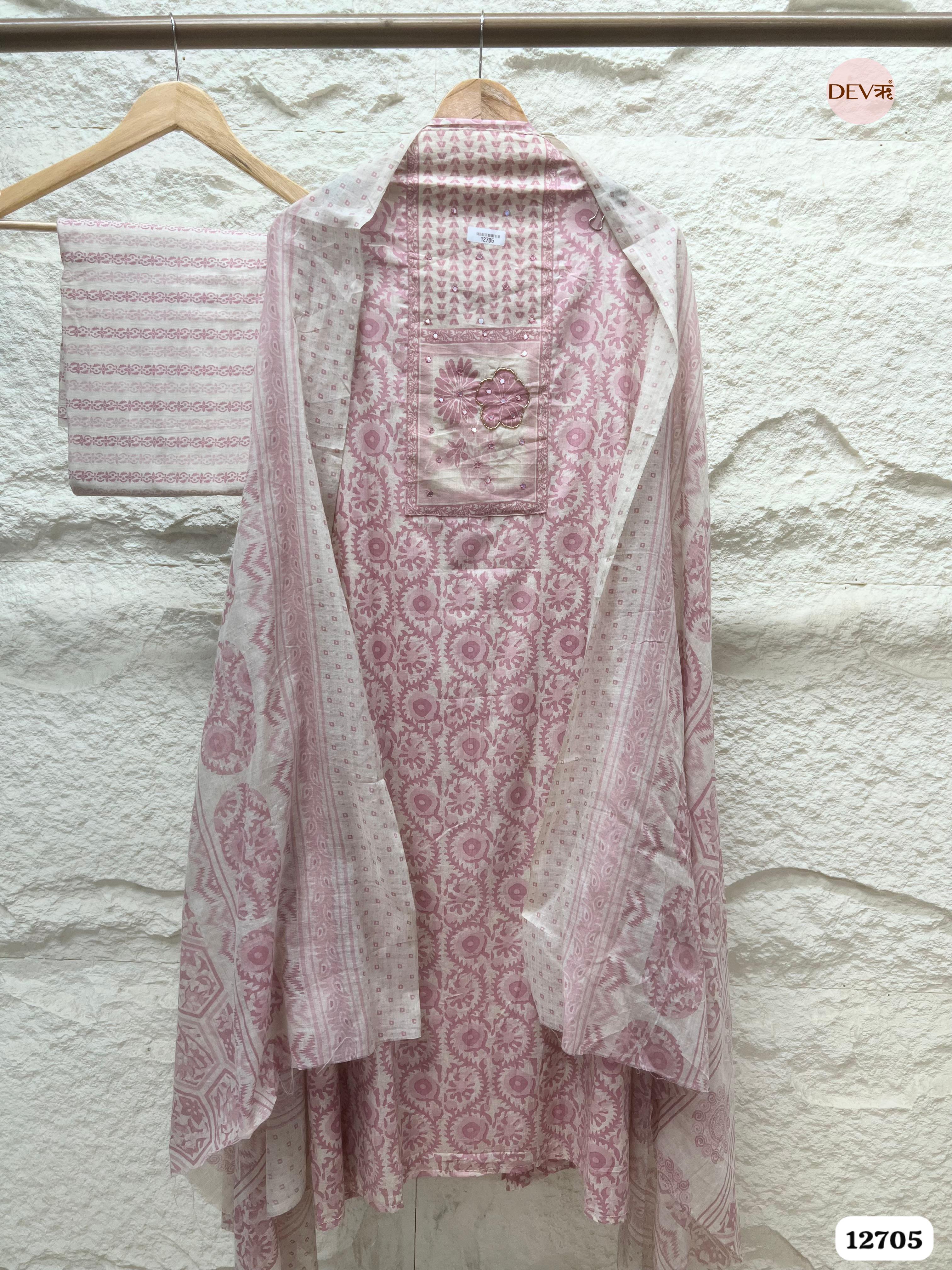 Pink Cotton Printed Unstitched 3-Piece Suit (Devri – D.No 12705)