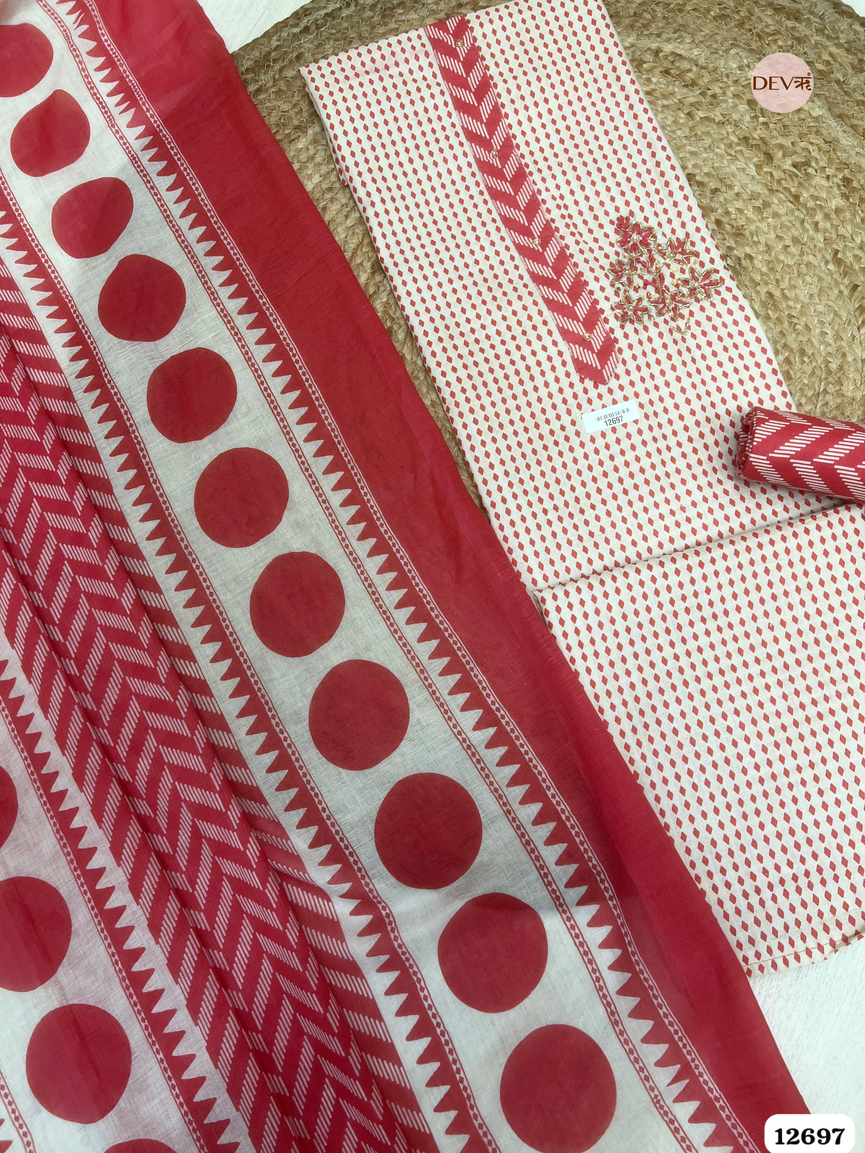 Watermelon Red Cotton Printed Unstitched 3-Piece Suit (Devri – D.No 12697)