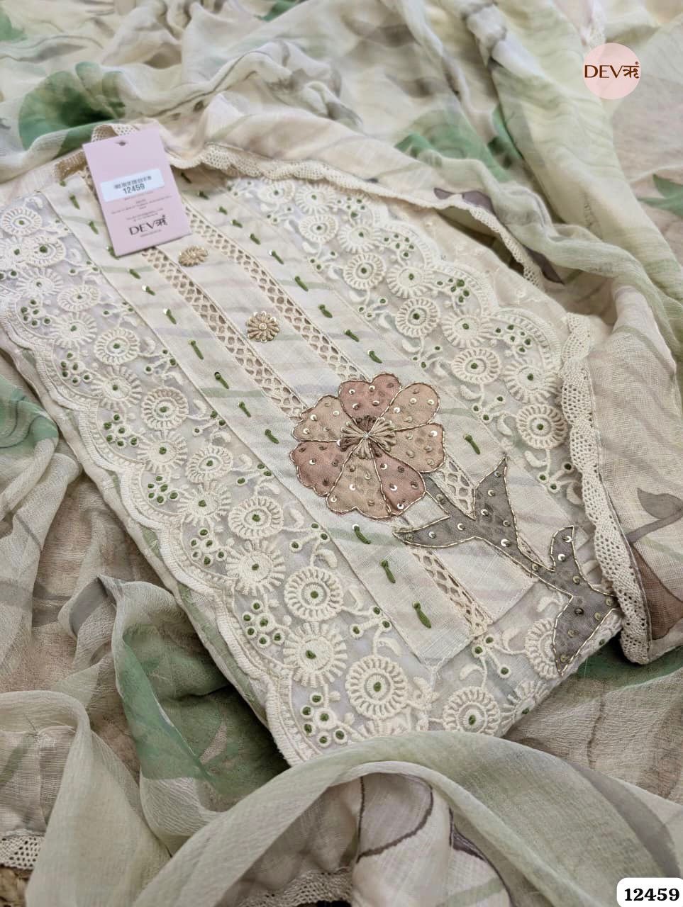 Sage Green & Beige Pure Linen Embroidered Unstitched 3-Piece Suit (Devri – D.No 12459)