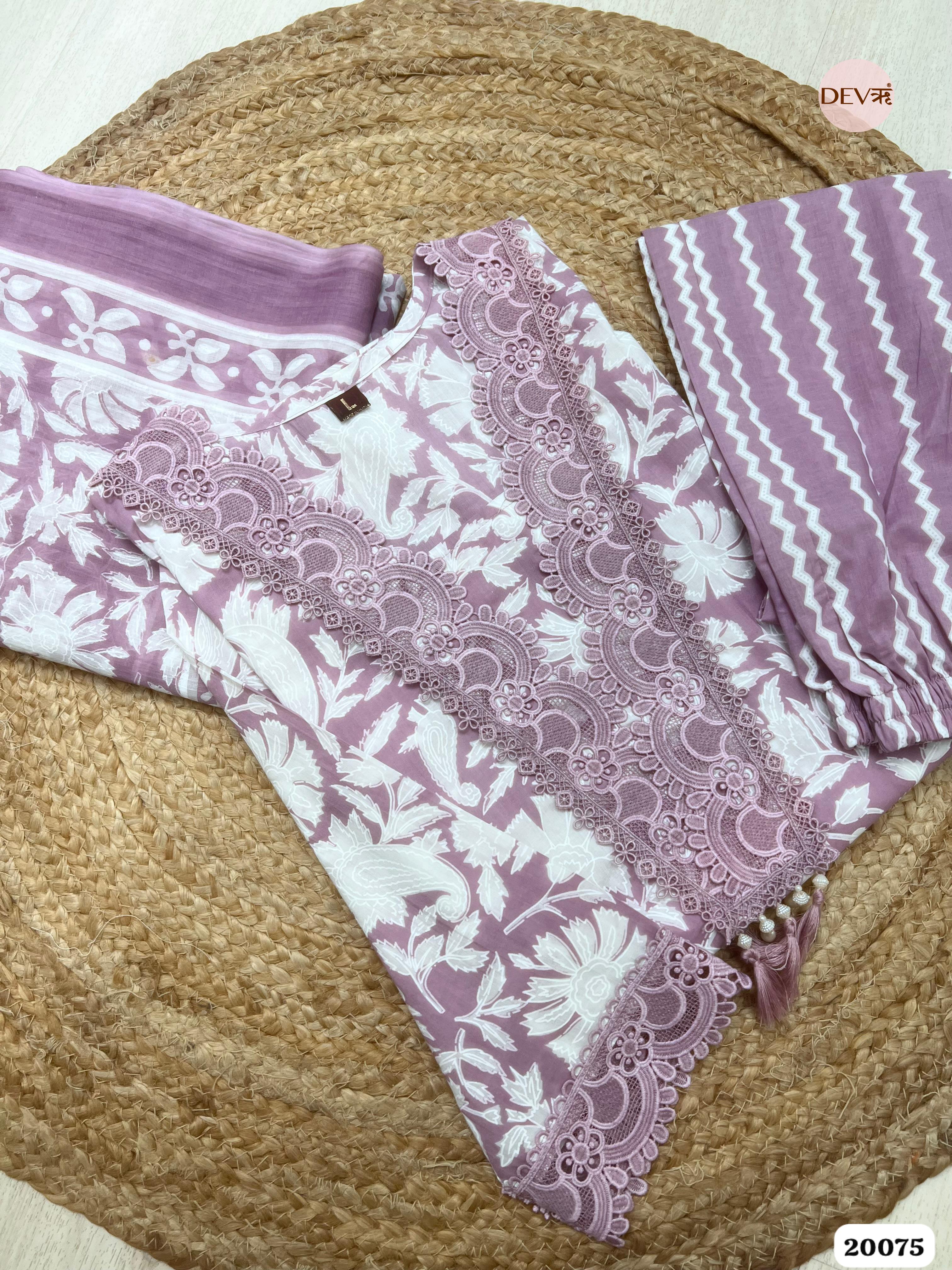 Amara Cotton Printed Mauve & White 3-Piece Set (Devri – D.No 20075)
