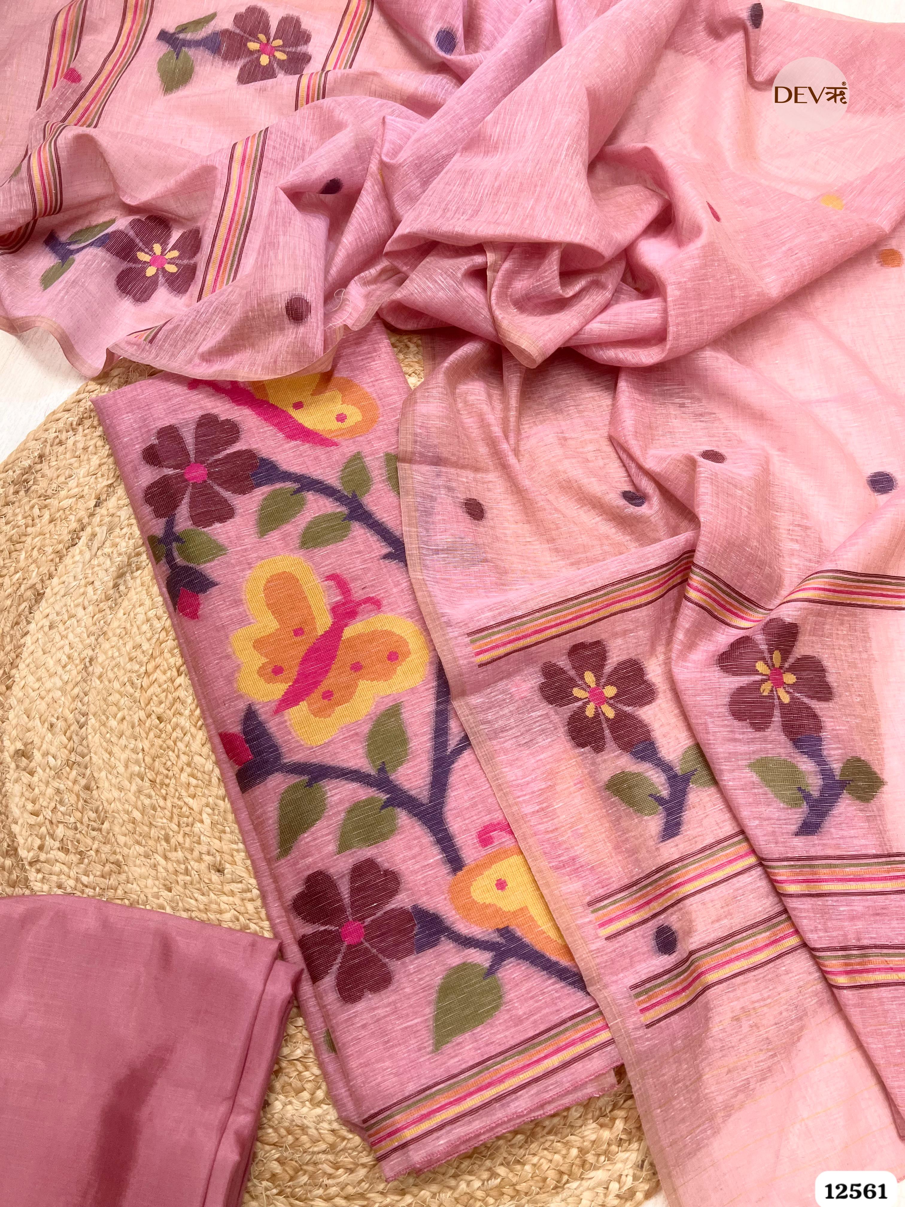Pink Linen Printed Unstitched 3-Piece Suit (Devri – D.No 12561)