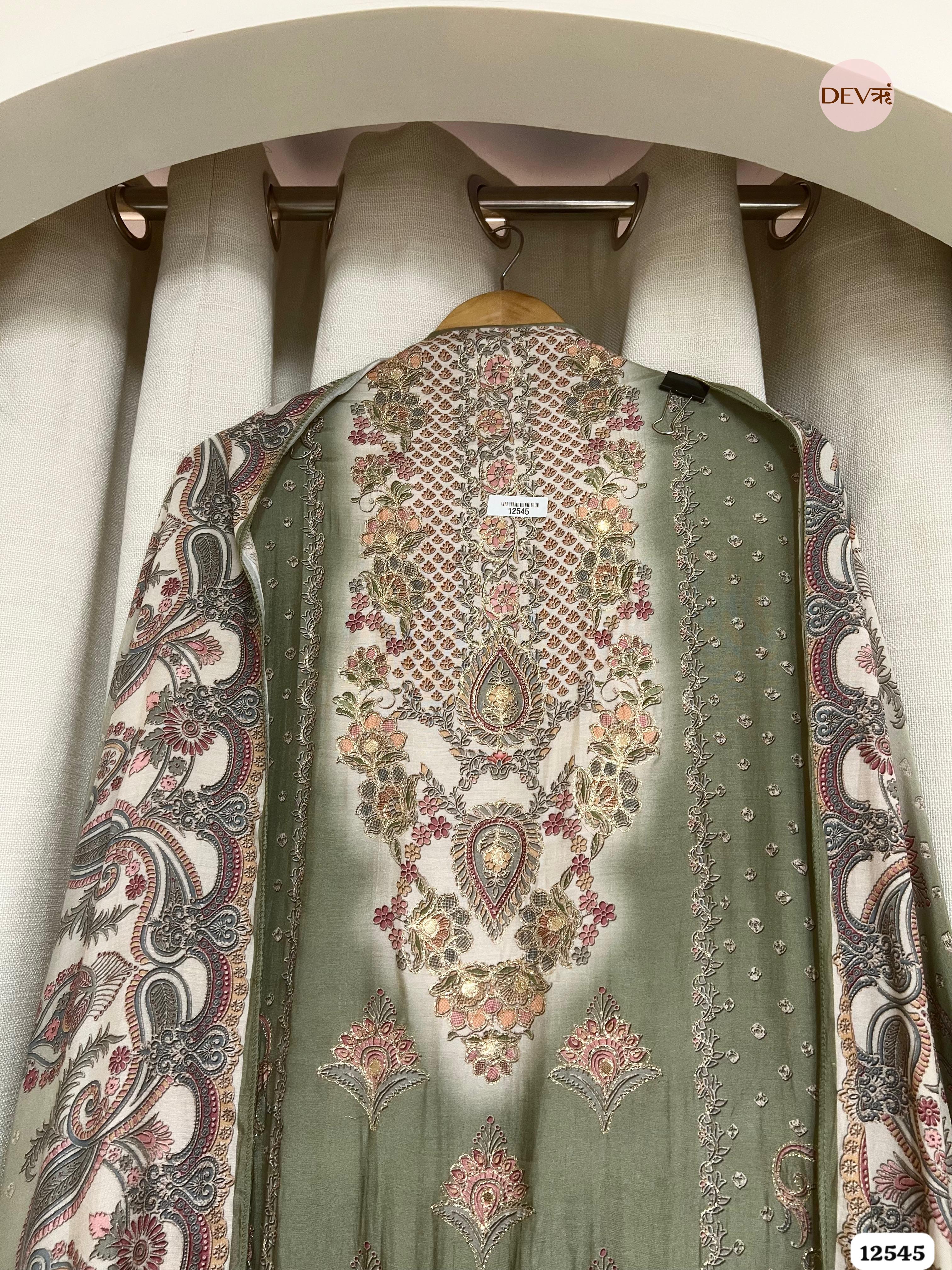 Olive Green Muslin Embroidered Unstitched 3-Piece Suit (Devri – D.No 12545)