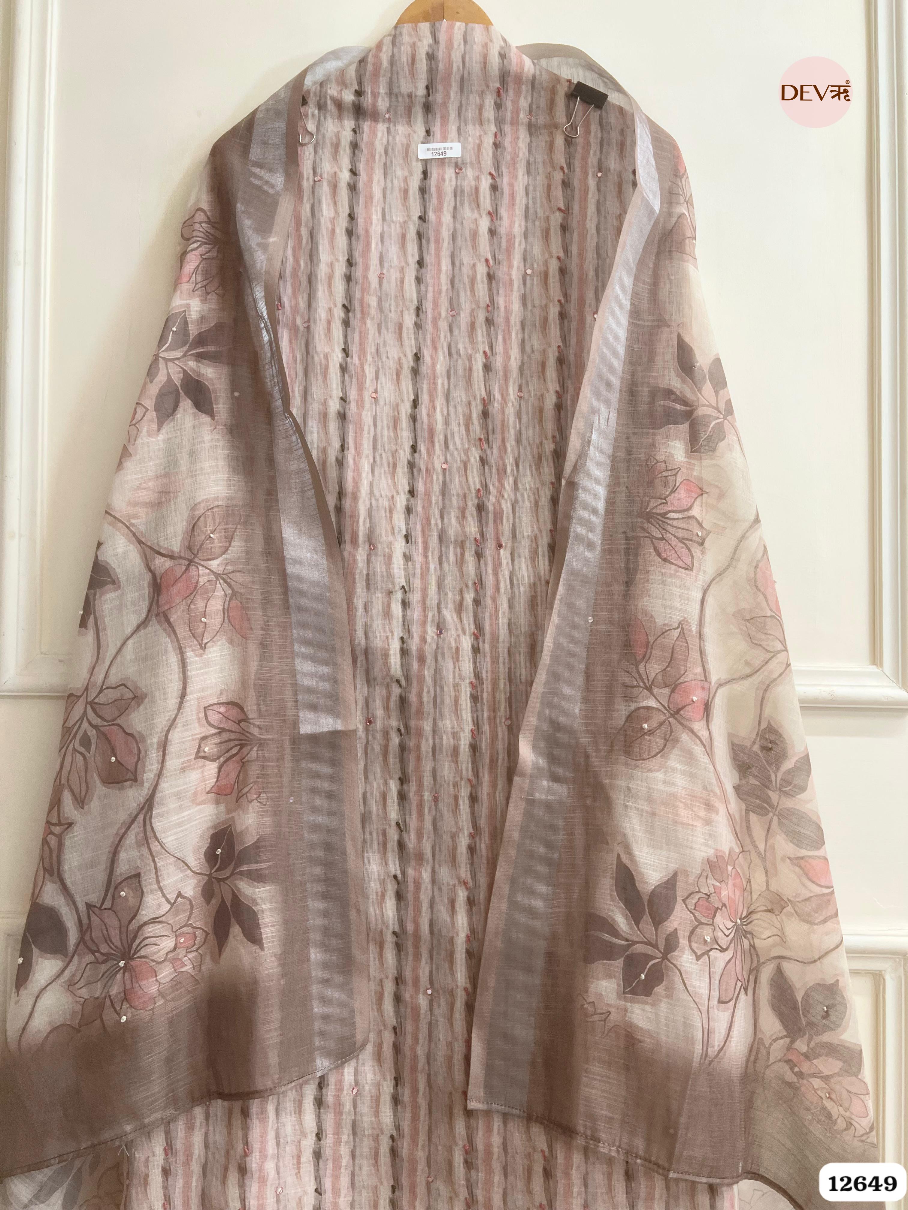 Mauve Linen Cotton Printed Unstitched 3-Piece Suit (Devri – D.No 12649)