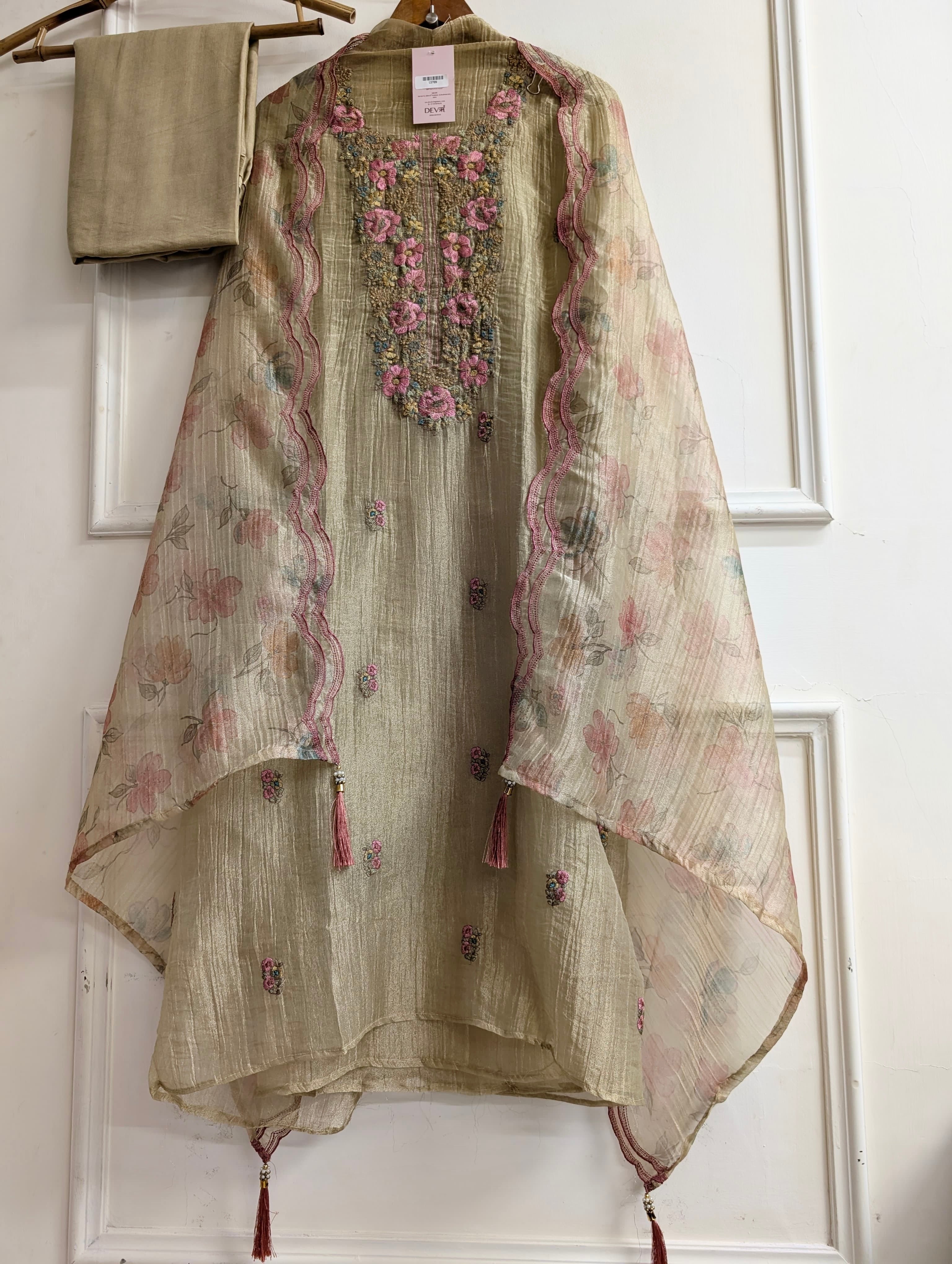Beige Crush Tissue Silk Embroidered Unstitched 3-Piece Suit (Devri – D.No 13709)