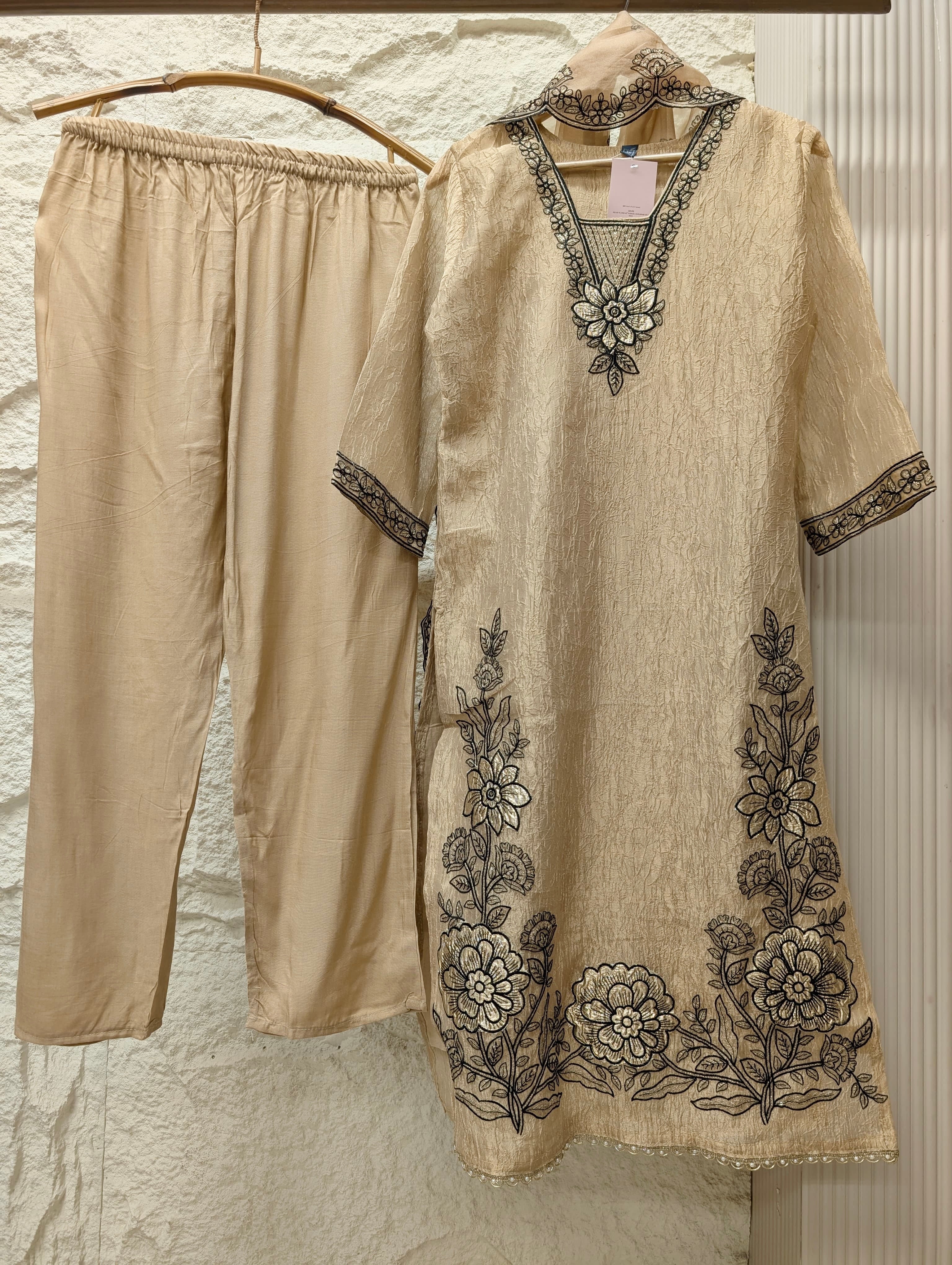 Gulnaar Tissue silk Embroidered Beige 3-Piece Set (Devri – D.No 13799)