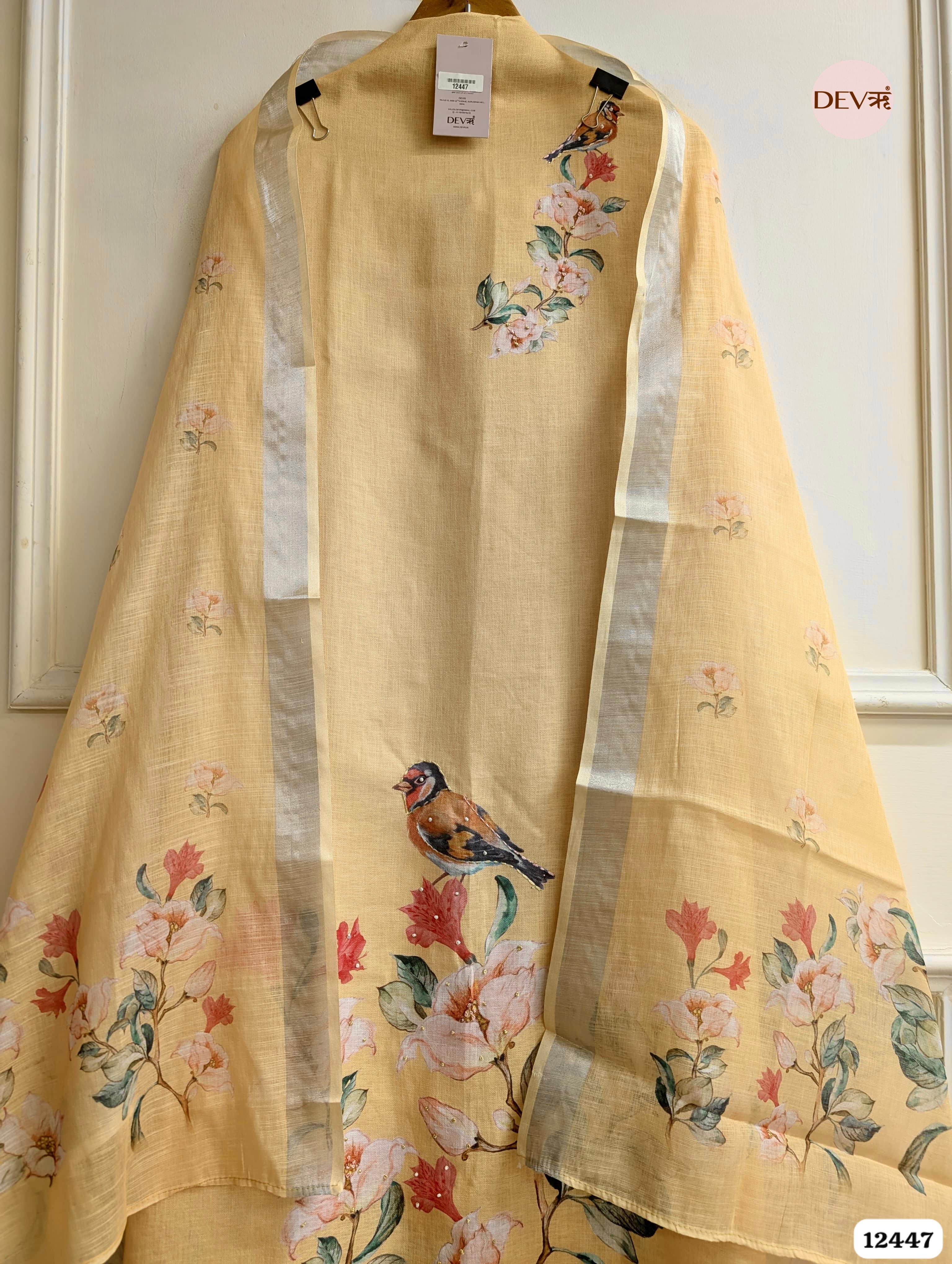 Yellow Linen Cotton Printed Unstitched 3-Piece Suit (Devri – D.No 12447)