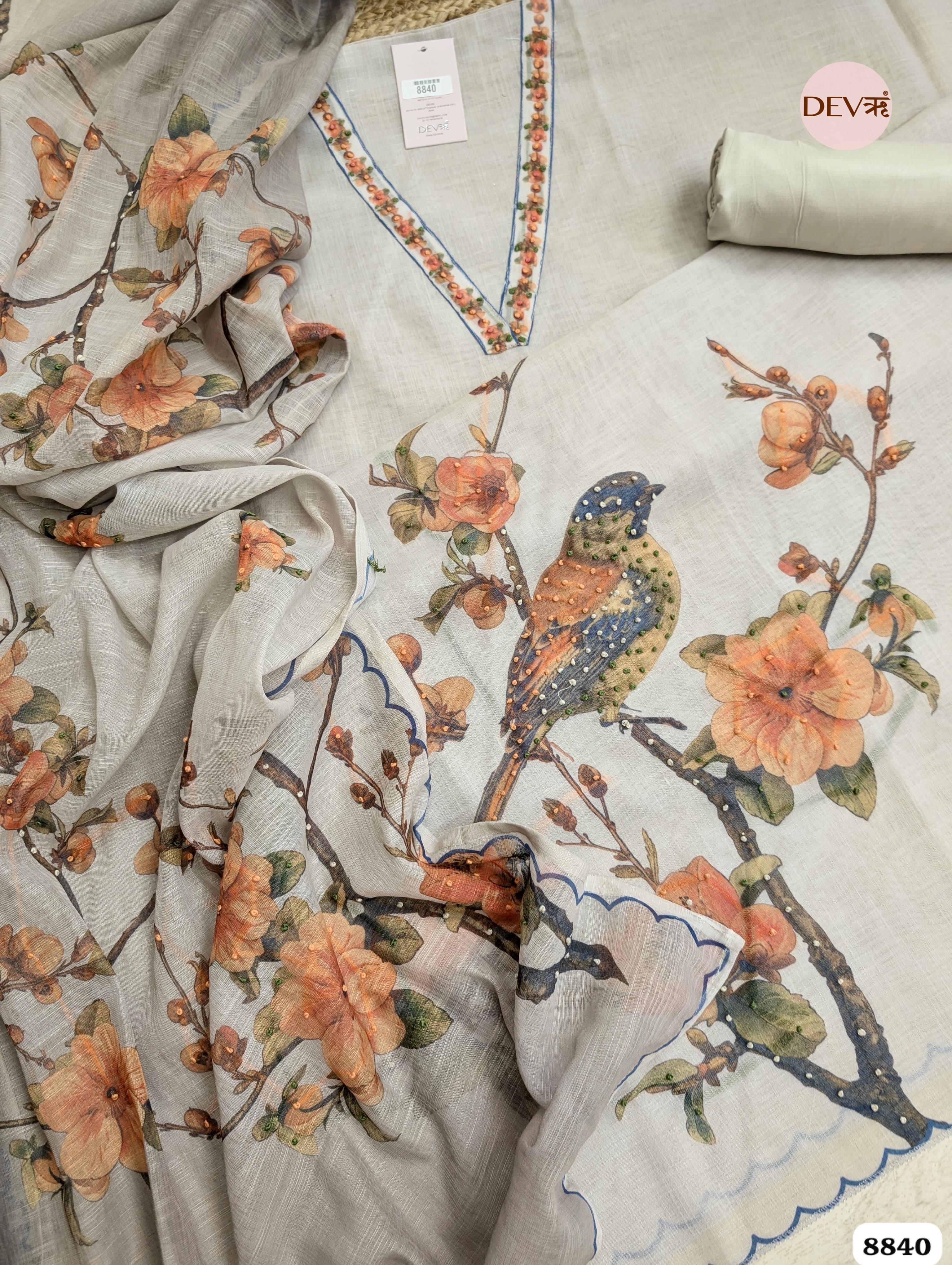 Grey Linen Printed Unstitched 3-Piece Suit (Devri – D.No. 8840)