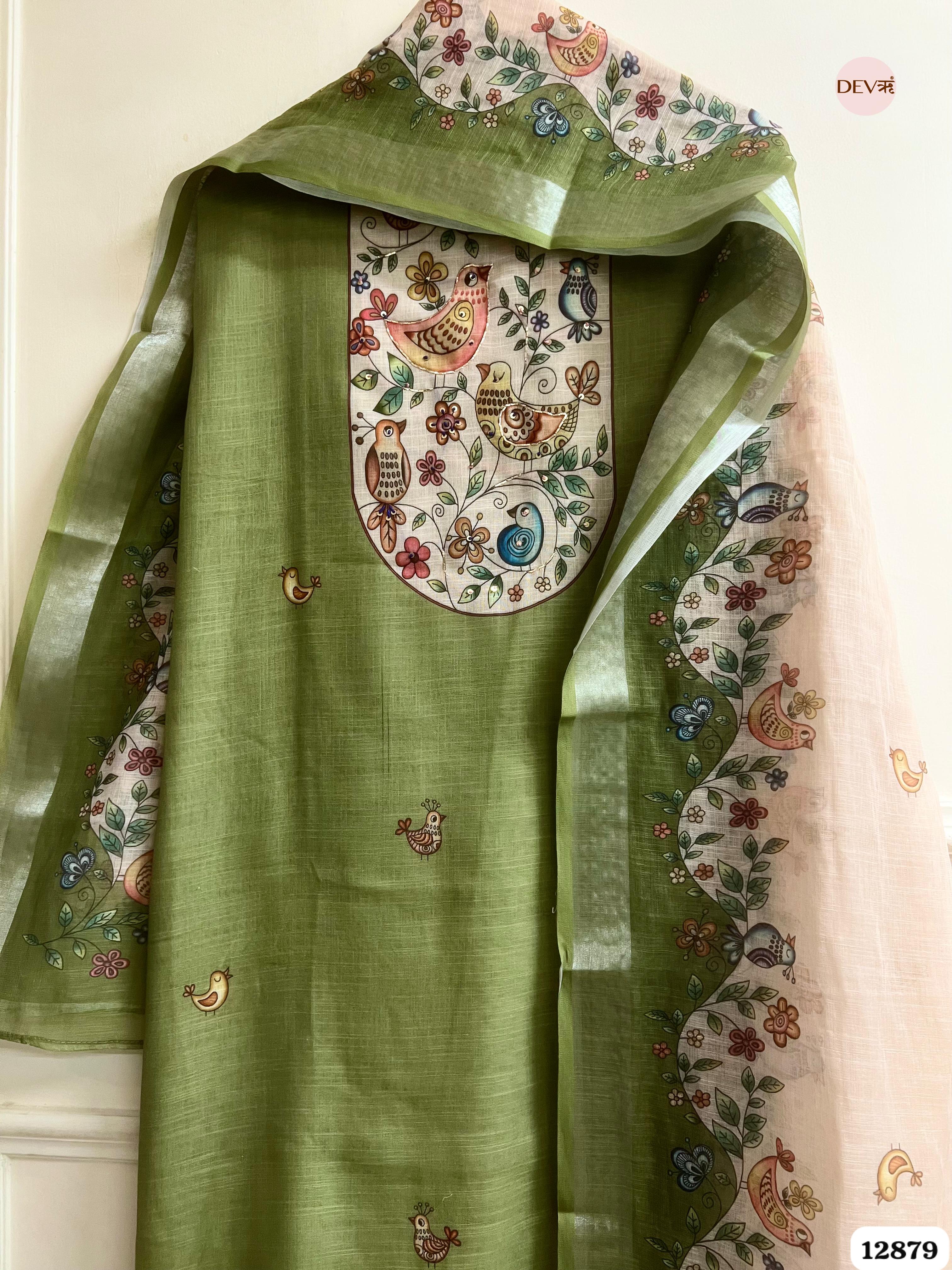 Olive Green Linen Cotton Printed Unstitched 3-Piece Suit (Devri – D.No 12879)