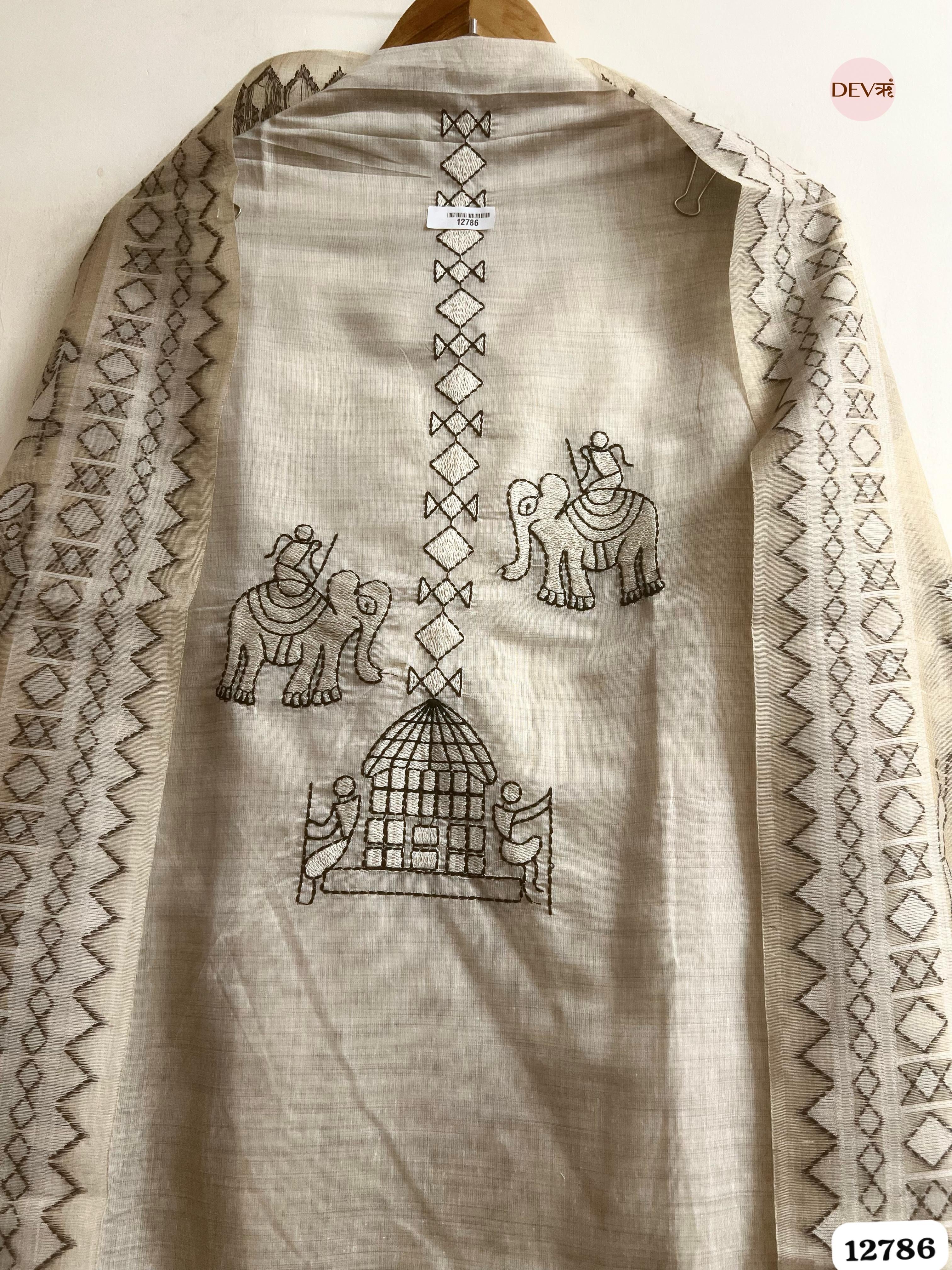 Beige Mul Chanderi Printed Unstitched 3-Piece Suit (Devri – D.No 12786)