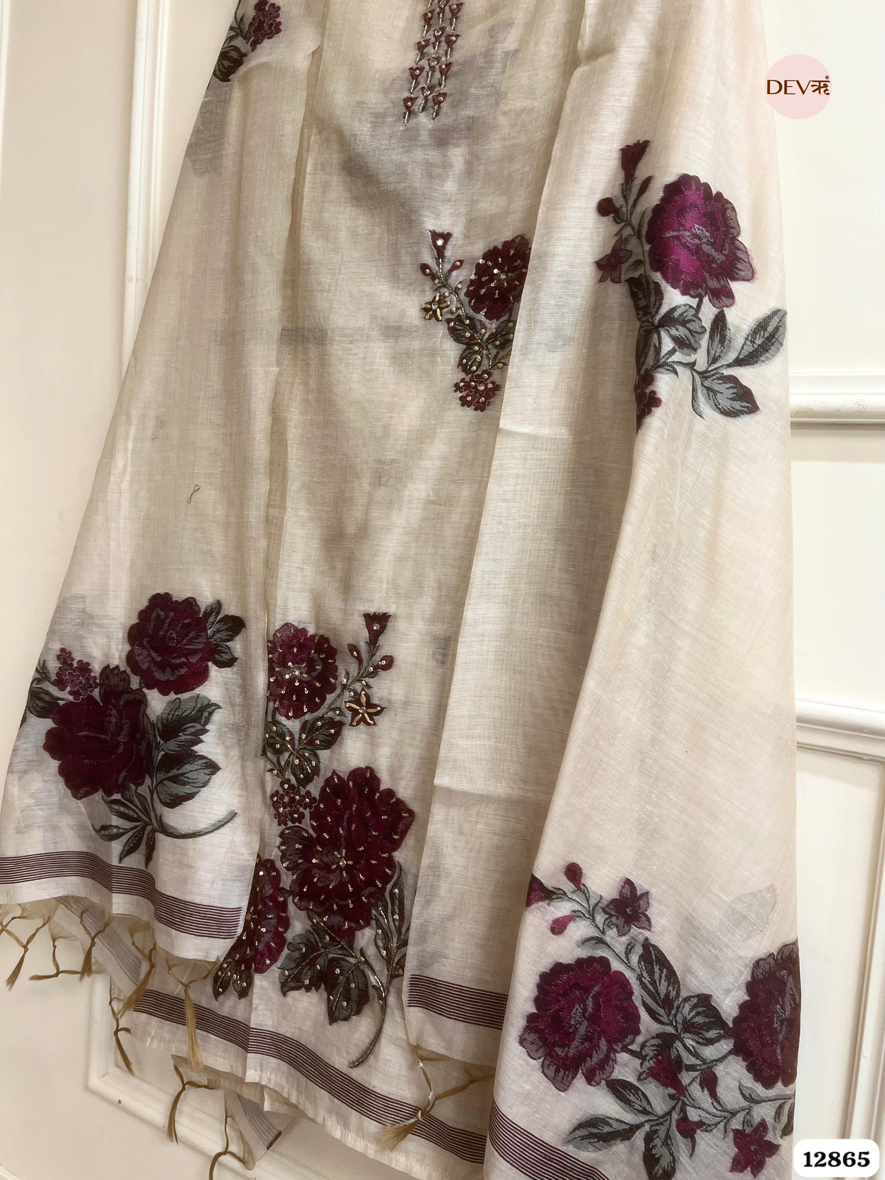 Ivory Mul Chanderi Embroidered Unstitched 3-Piece Suit (Devri – D.No 12865)