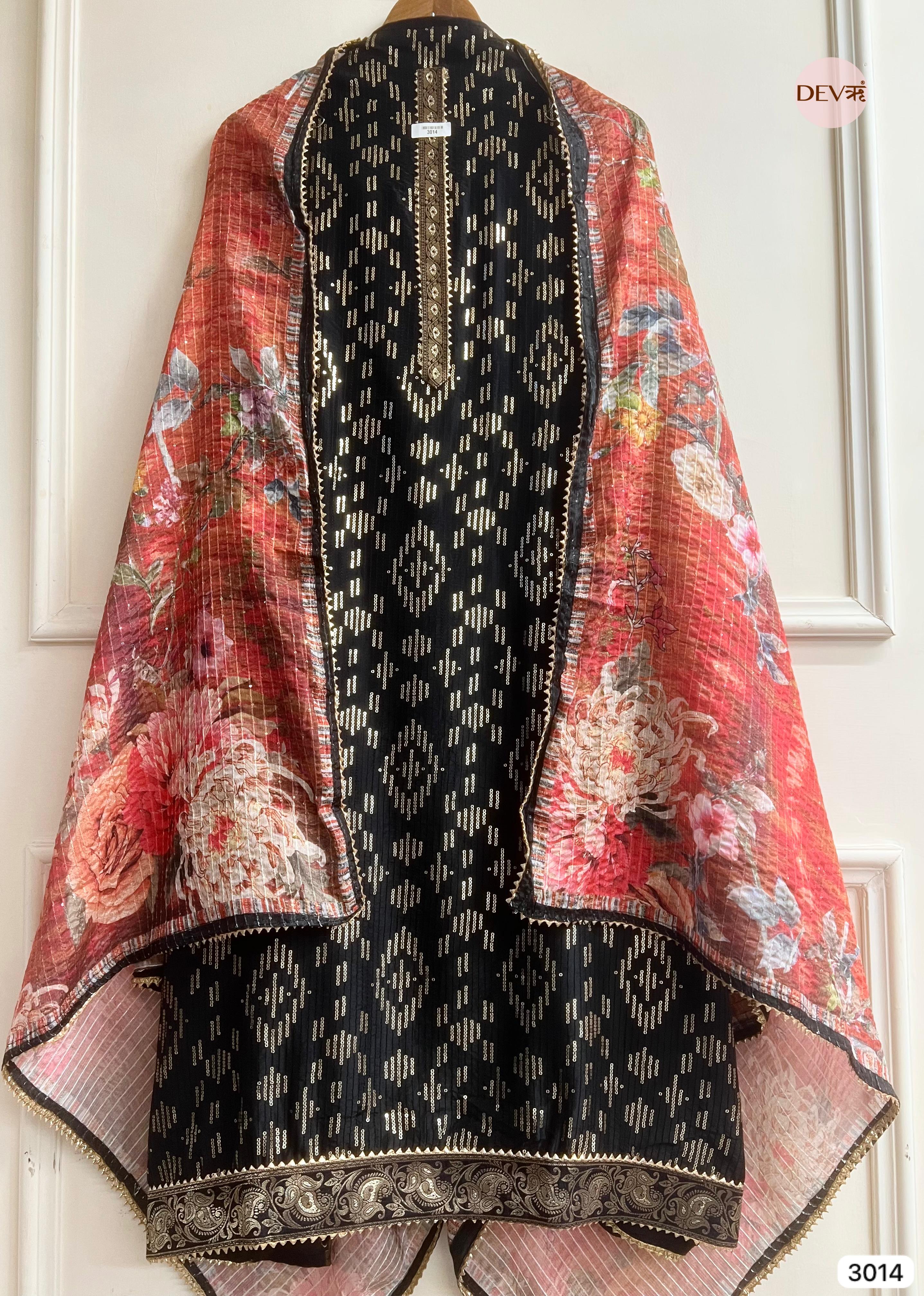 Black Upada Silk Embroidered Unstitched 3-Piece Suit (Devri – D.No 3014)