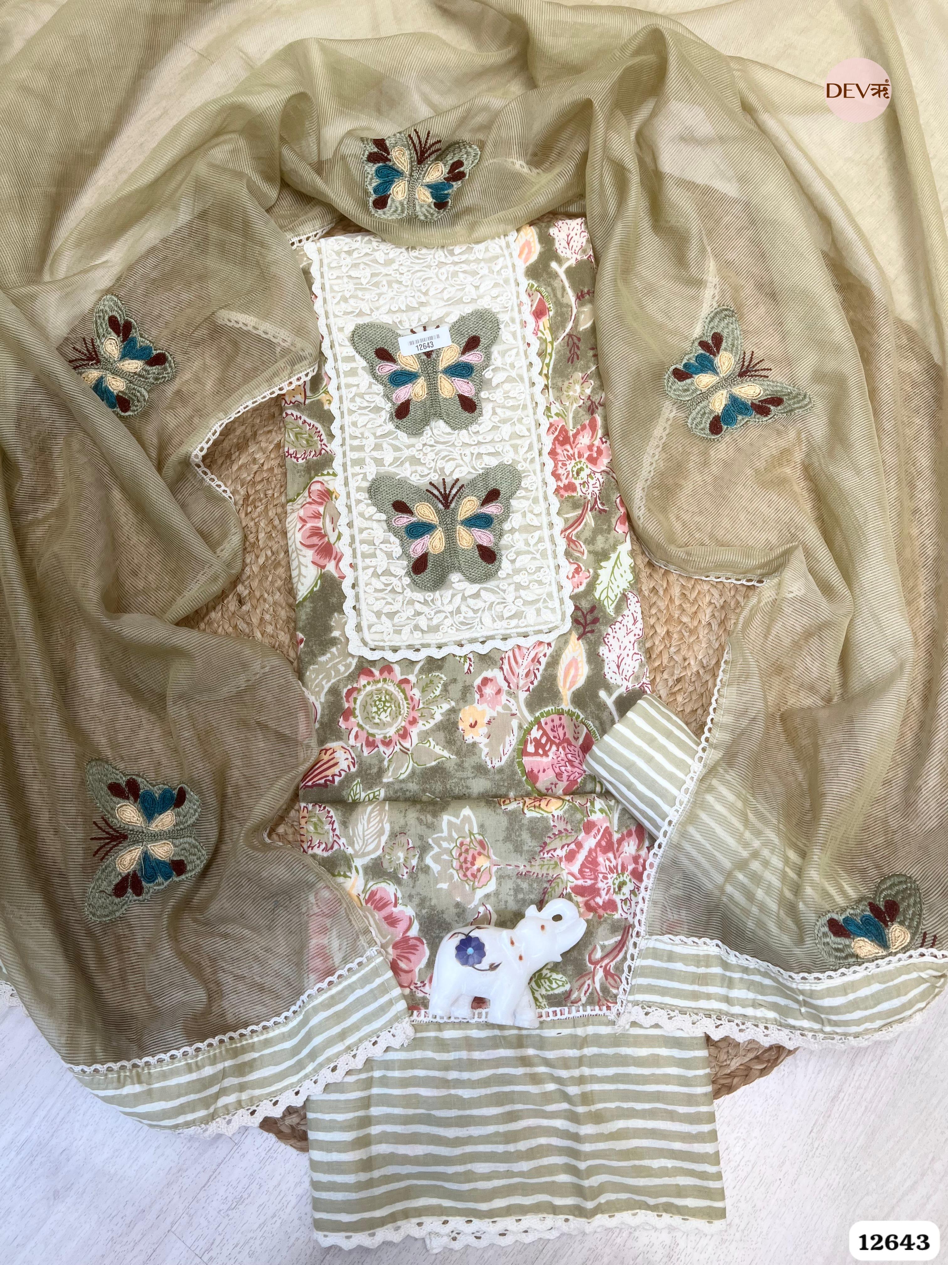 Olive Green Cotton Floral Embroidered Unstitched 3-Piece Suit (Devri – D.No 12643)