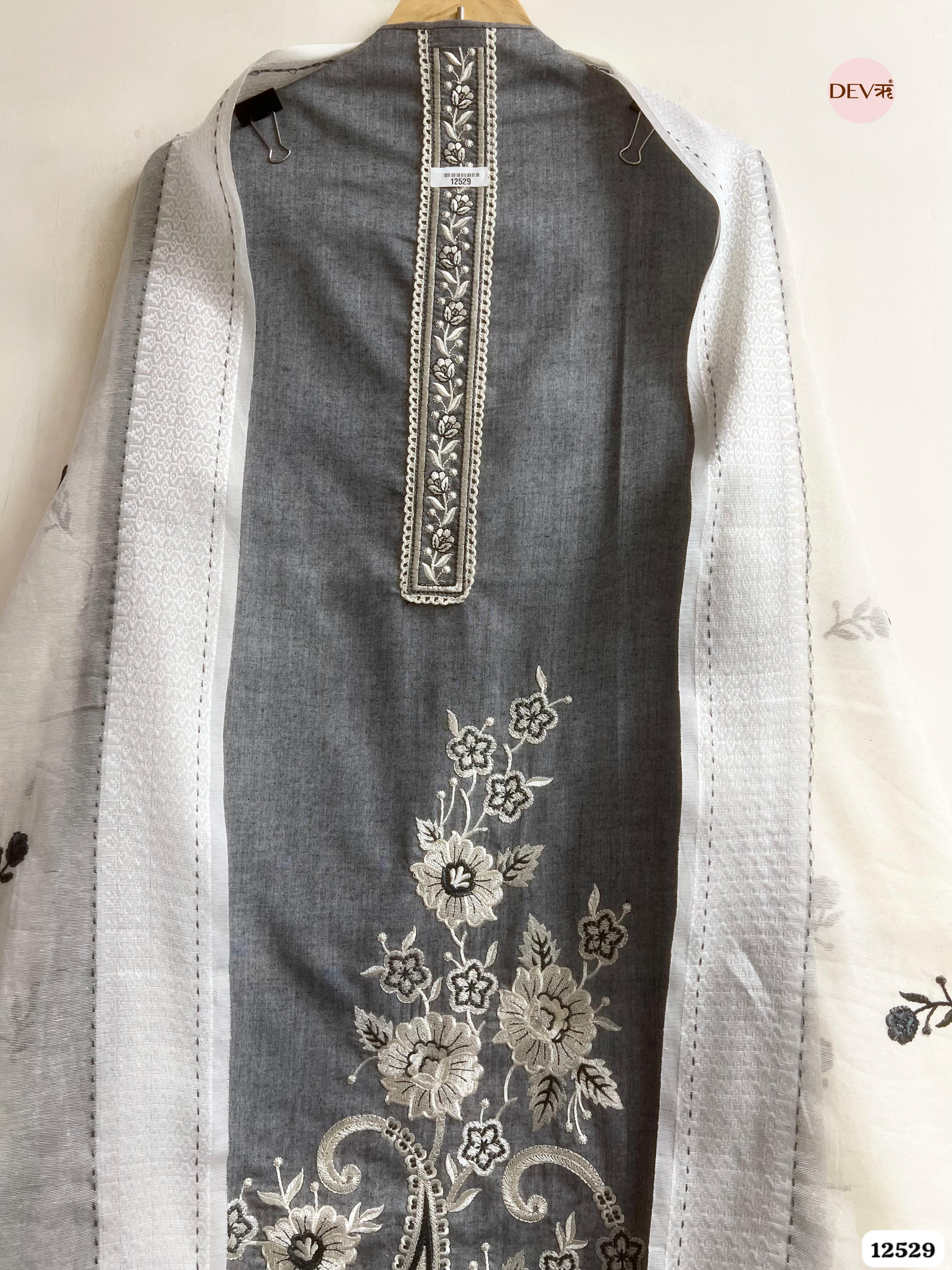 Slate Grey Handloom Cotton Embroidered Unstitched 3-Piece Suit (Devri – D.No. 12529)