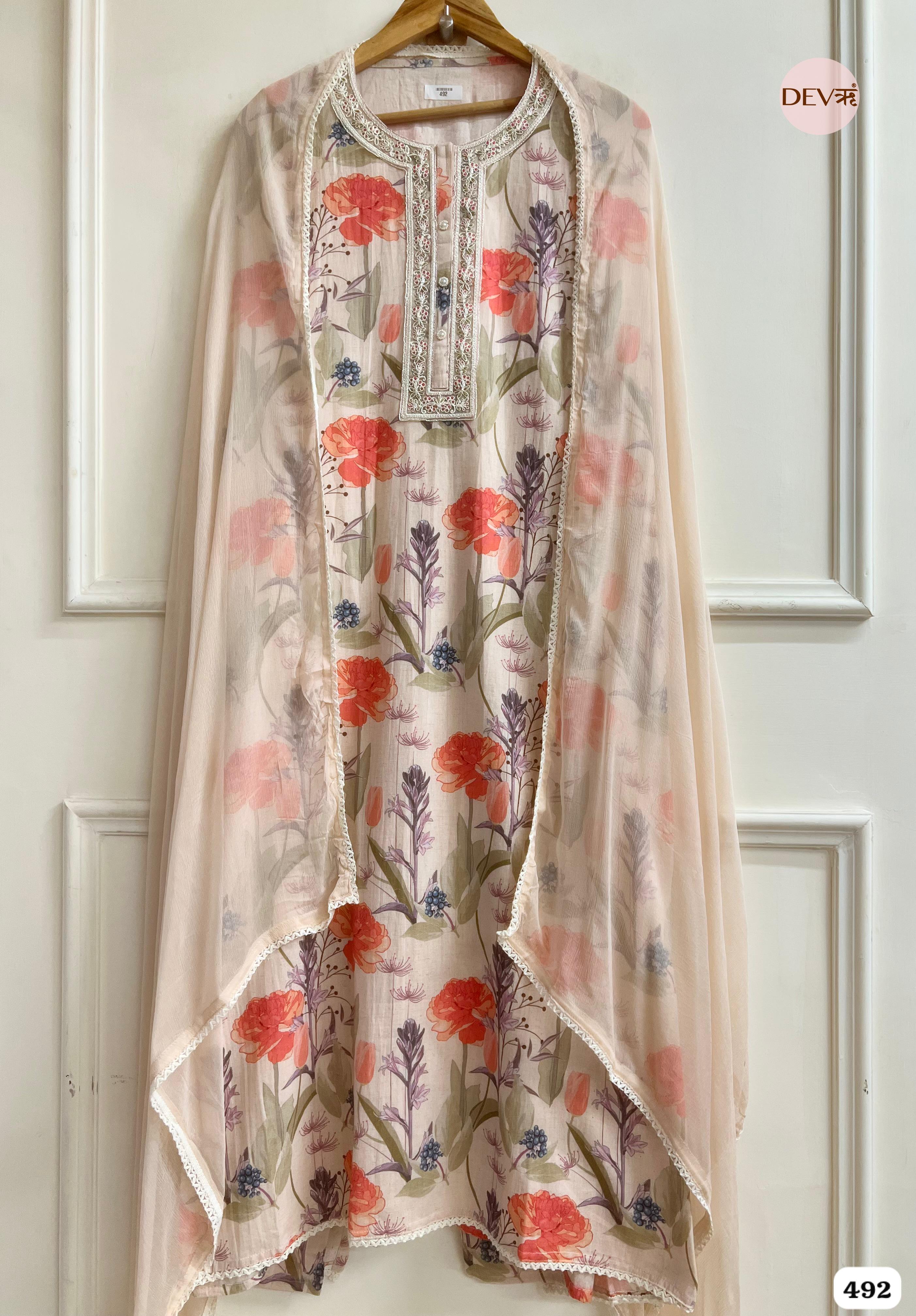 Peach Cotton Floral Printed Unstitched 3-Piece Suit (Devri – D.No. 492)