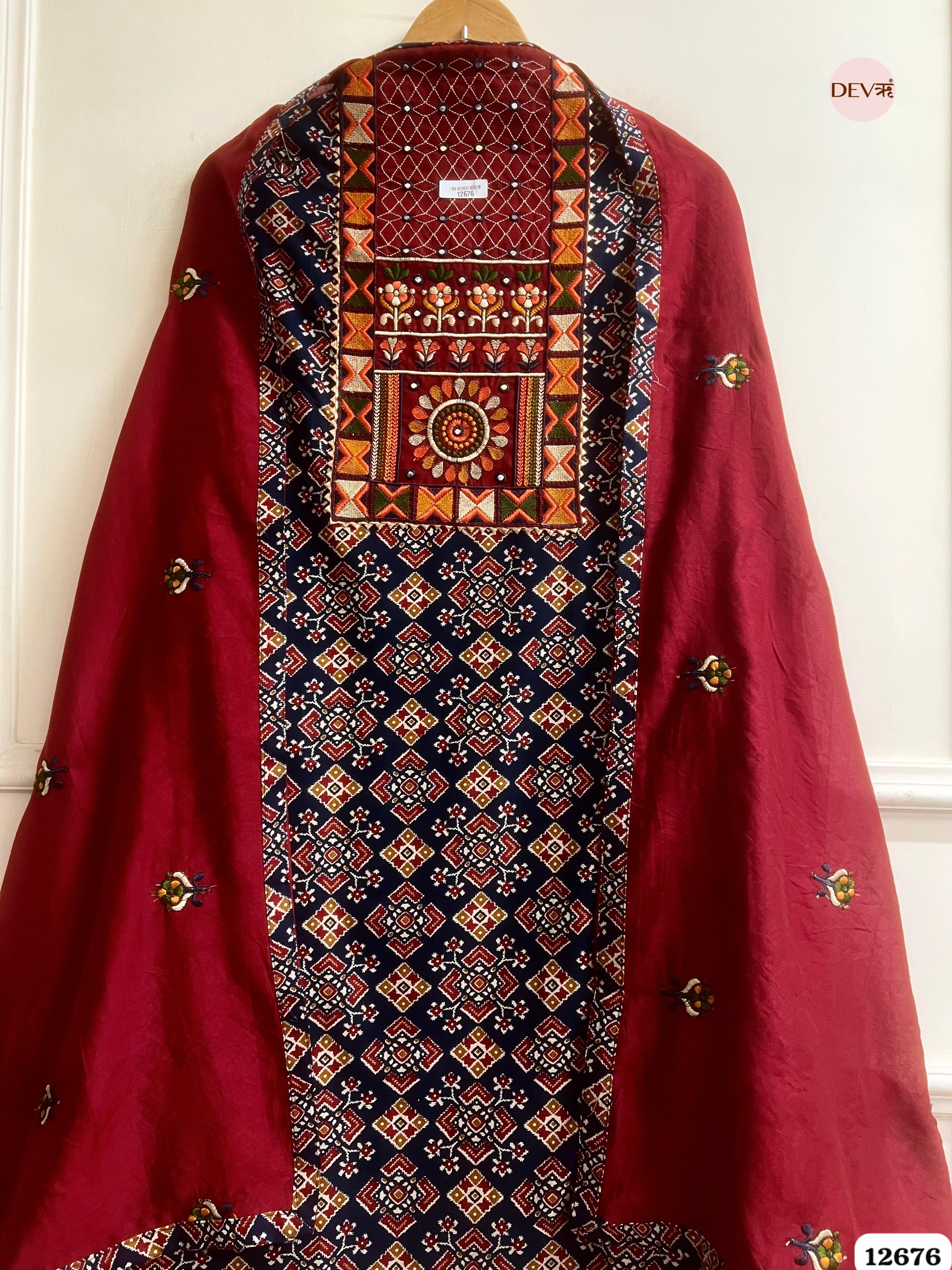 Navy and Maroon Modal Silk Printed Unstitched 3-Piece Suit (Devri – D.No 12676)
