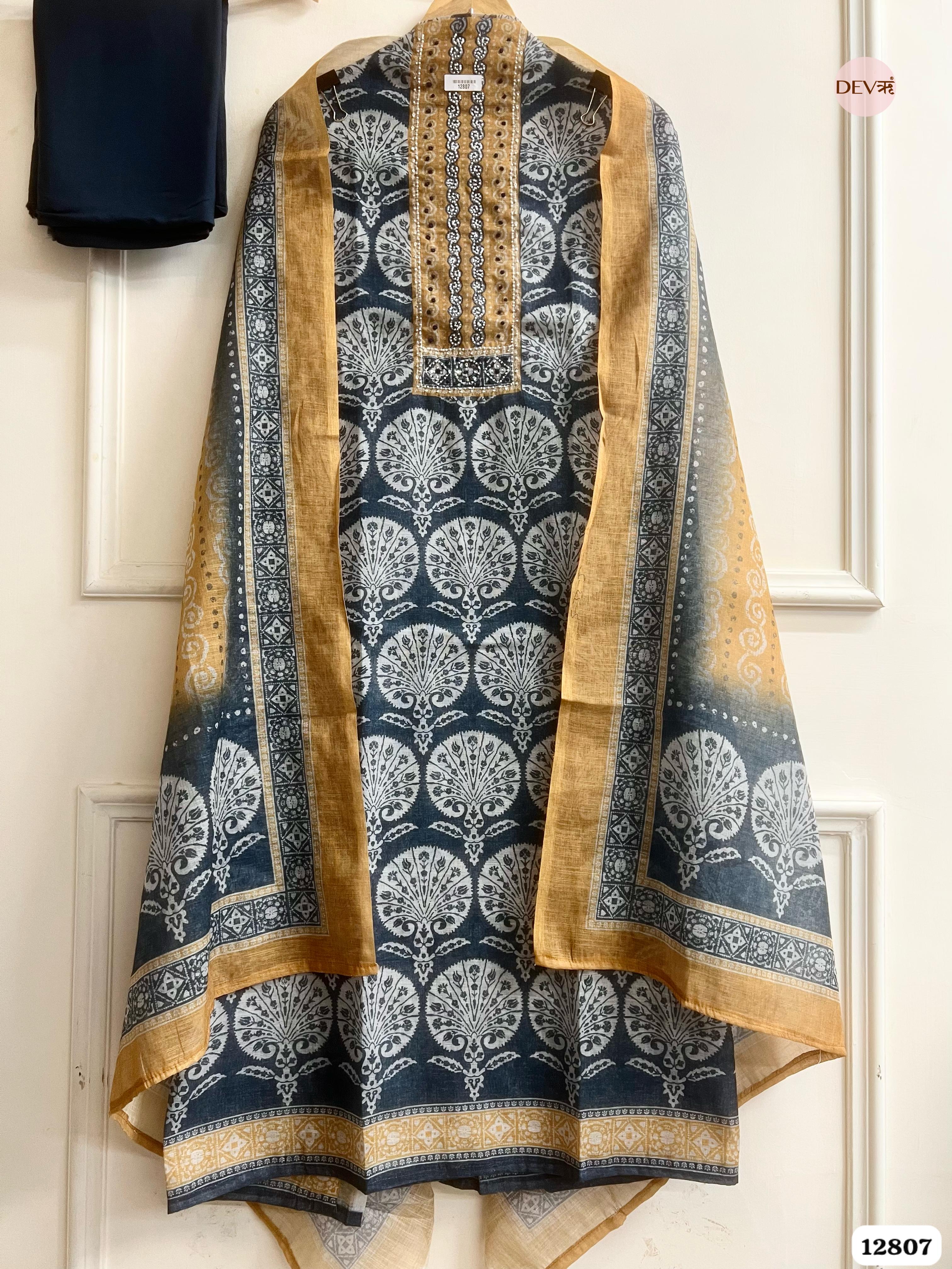 Grey Linen Cotton Printed Unstitched 3-Piece Suit (Devri – D.No 12807)