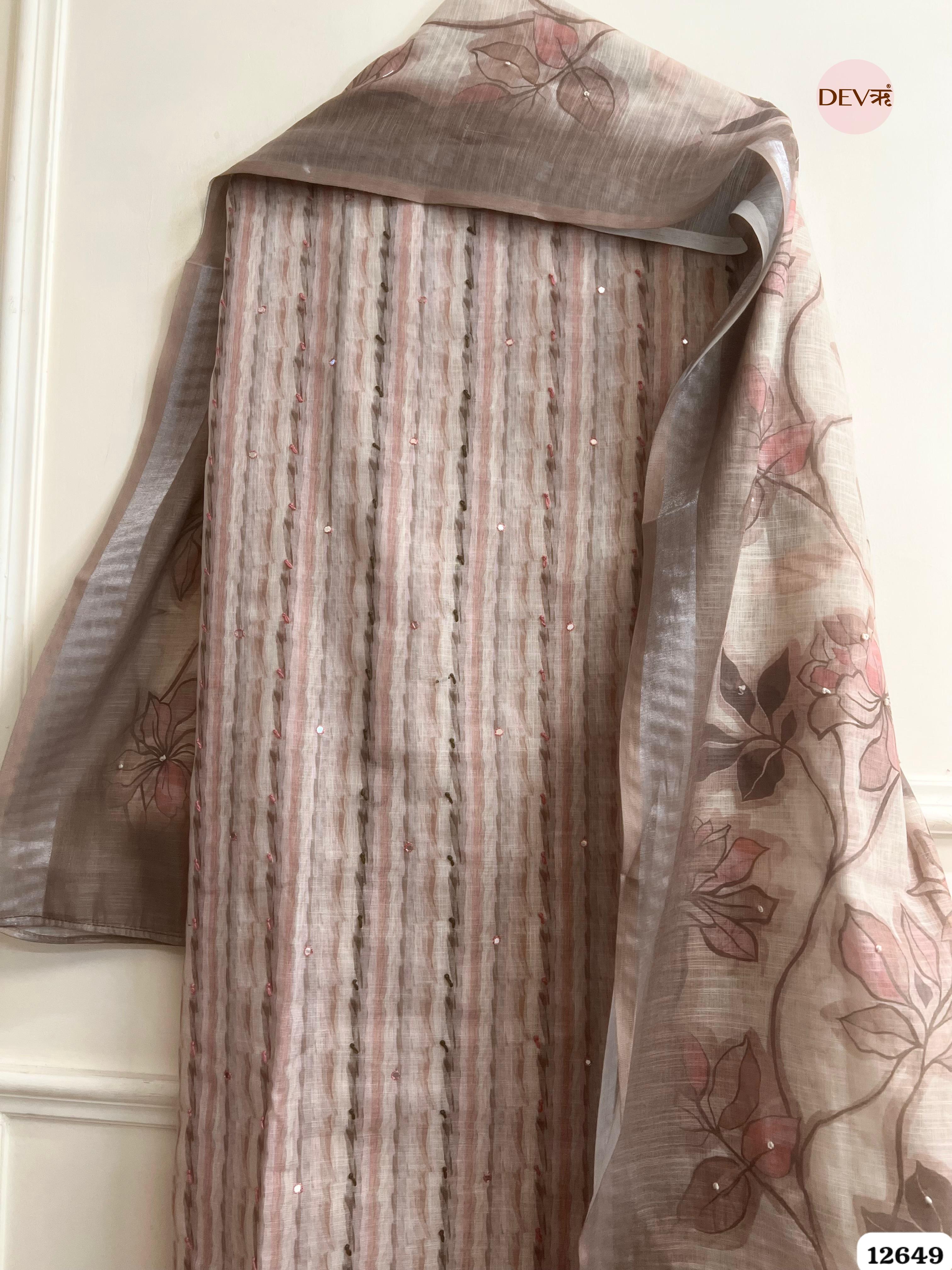 Mauve Linen Cotton Printed Unstitched 3-Piece Suit (Devri – D.No 12649)