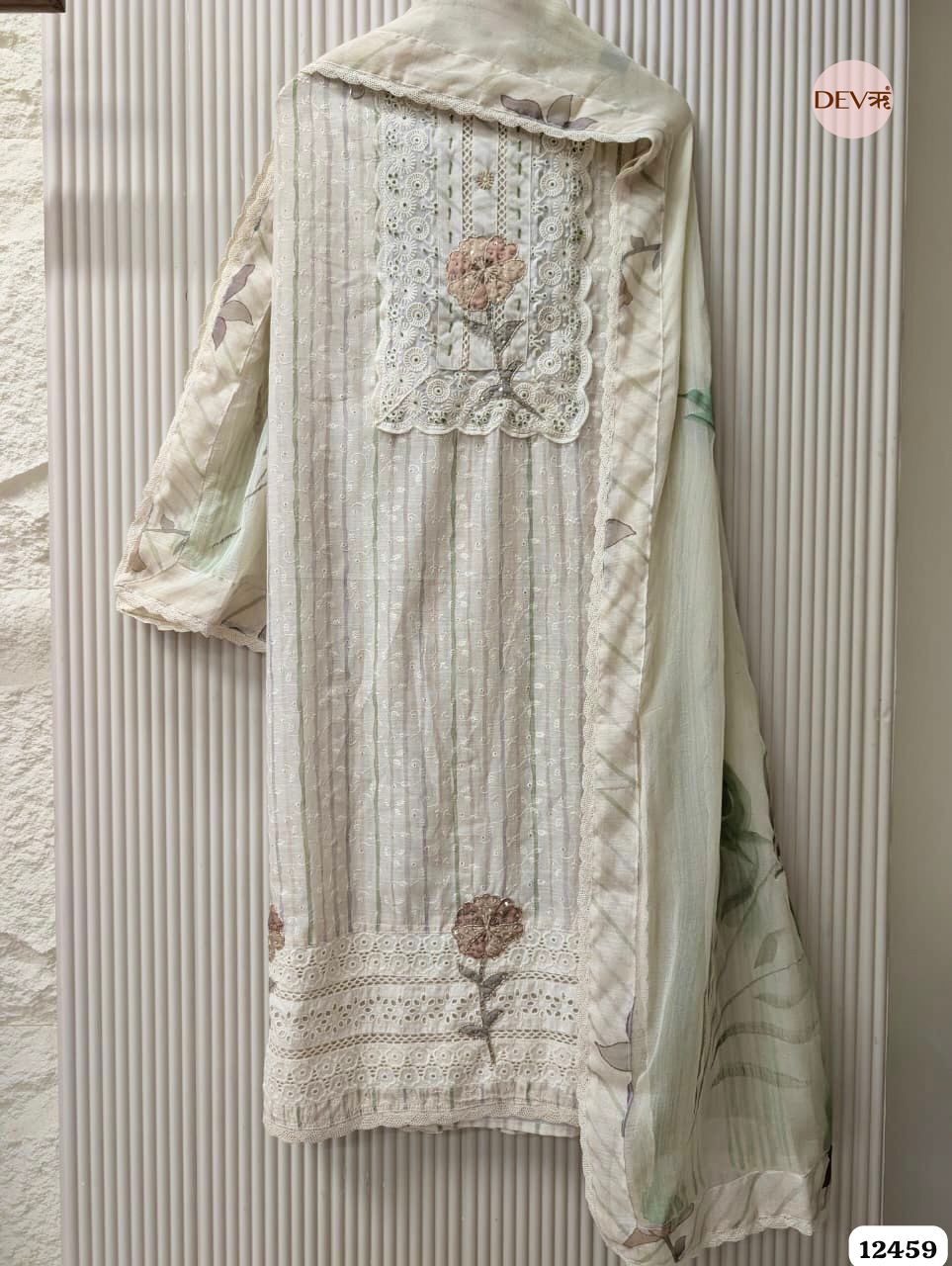 Sage Green & Beige Pure Linen Embroidered Unstitched 3-Piece Suit (Devri – D.No 12459)