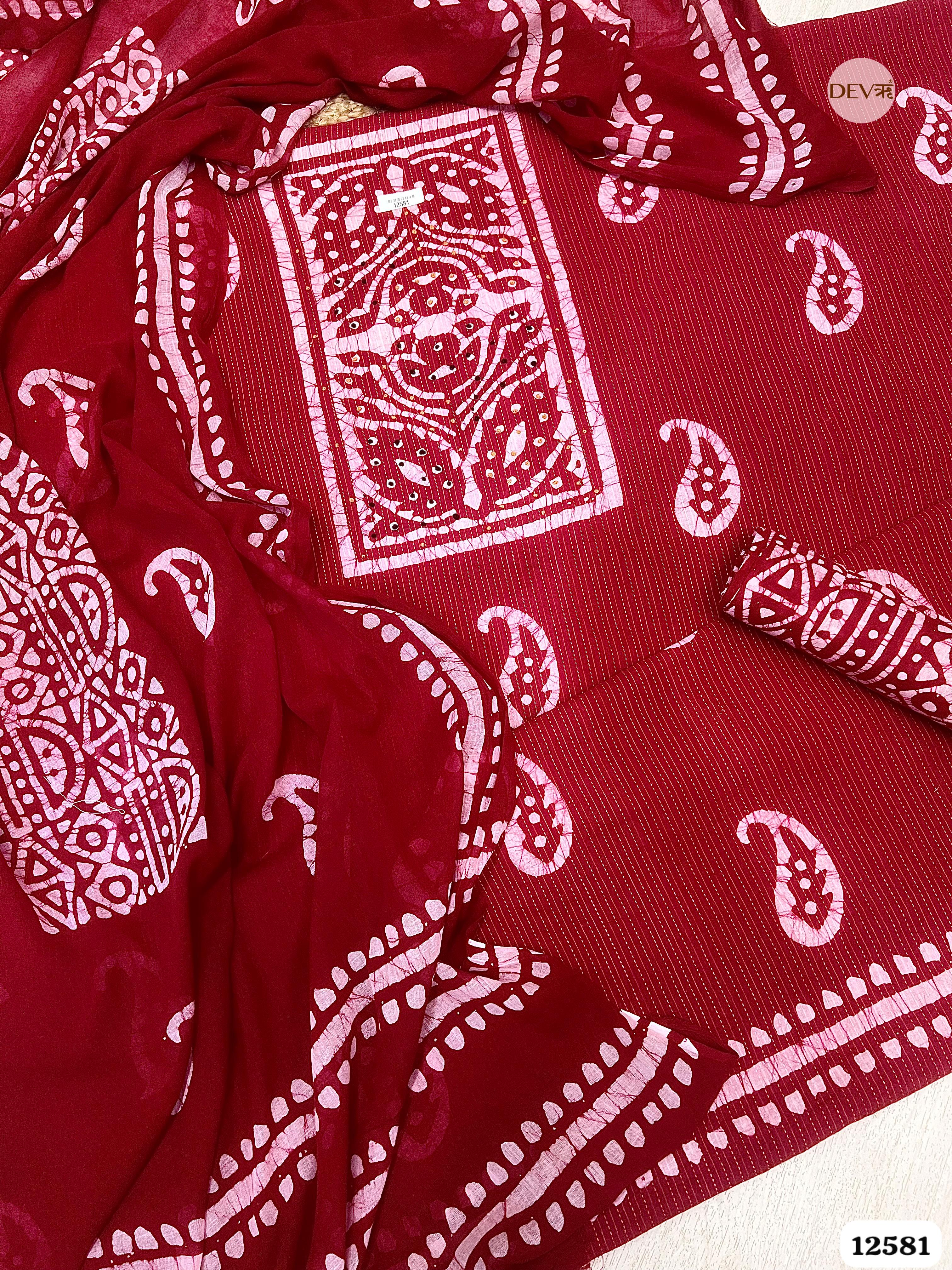 Red Cotton Batik Printed Unstitched 3-Piece Suit (Devri – D.No 12581)