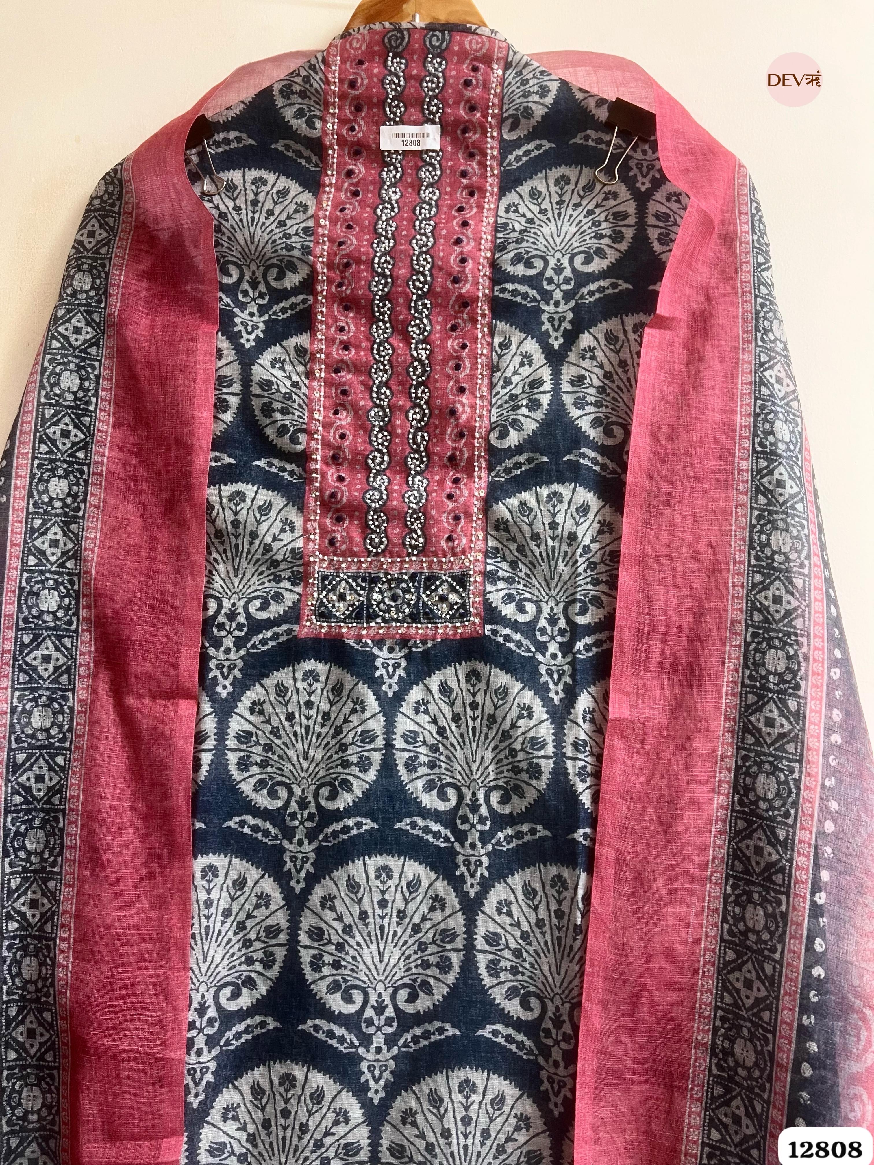 Grey Linen Cotton Printed Unstitched 3-Piece Suit (Devri – D.No 12808)
