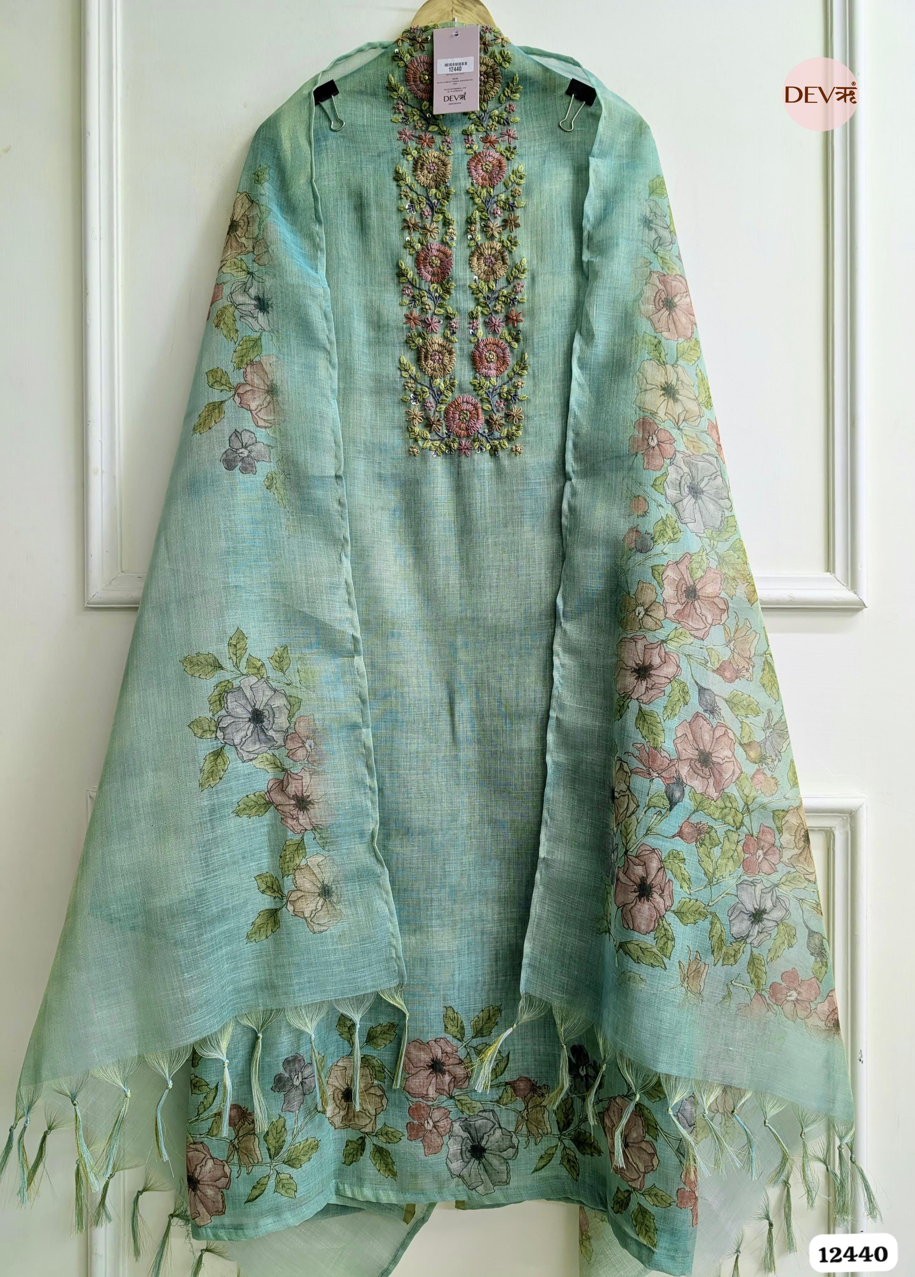 Mint Green Linen Printed Unstitched 3-Piece Suit (Devri – D.No. 12440)