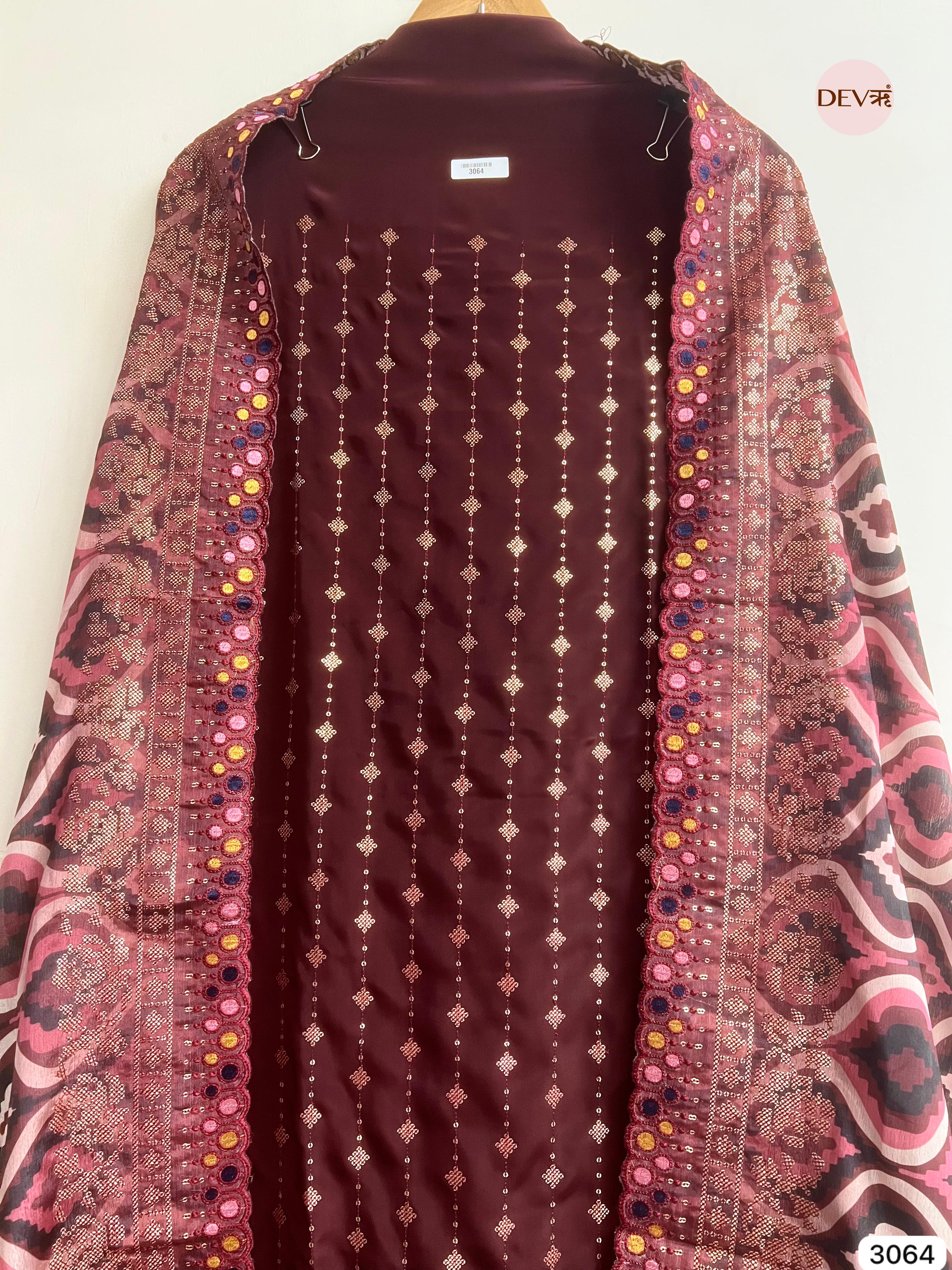 Wine Upada Silk Embroidered Unstitched 3-Piece Suit (Devri – D.No 3064)