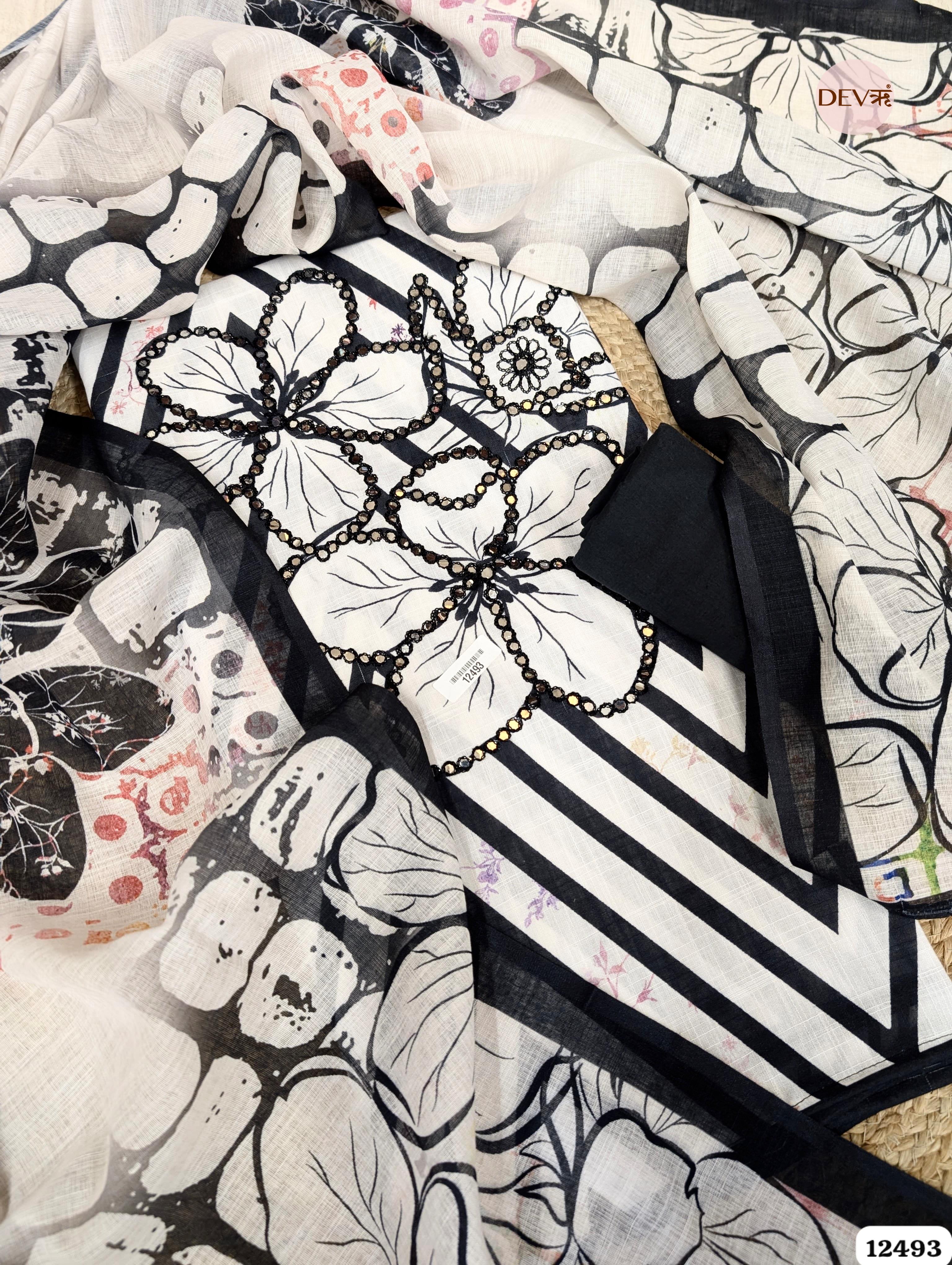 Black & White Linen Cotton Printed Unstitched 3-Piece Suit (Devri – D.No. 12493)