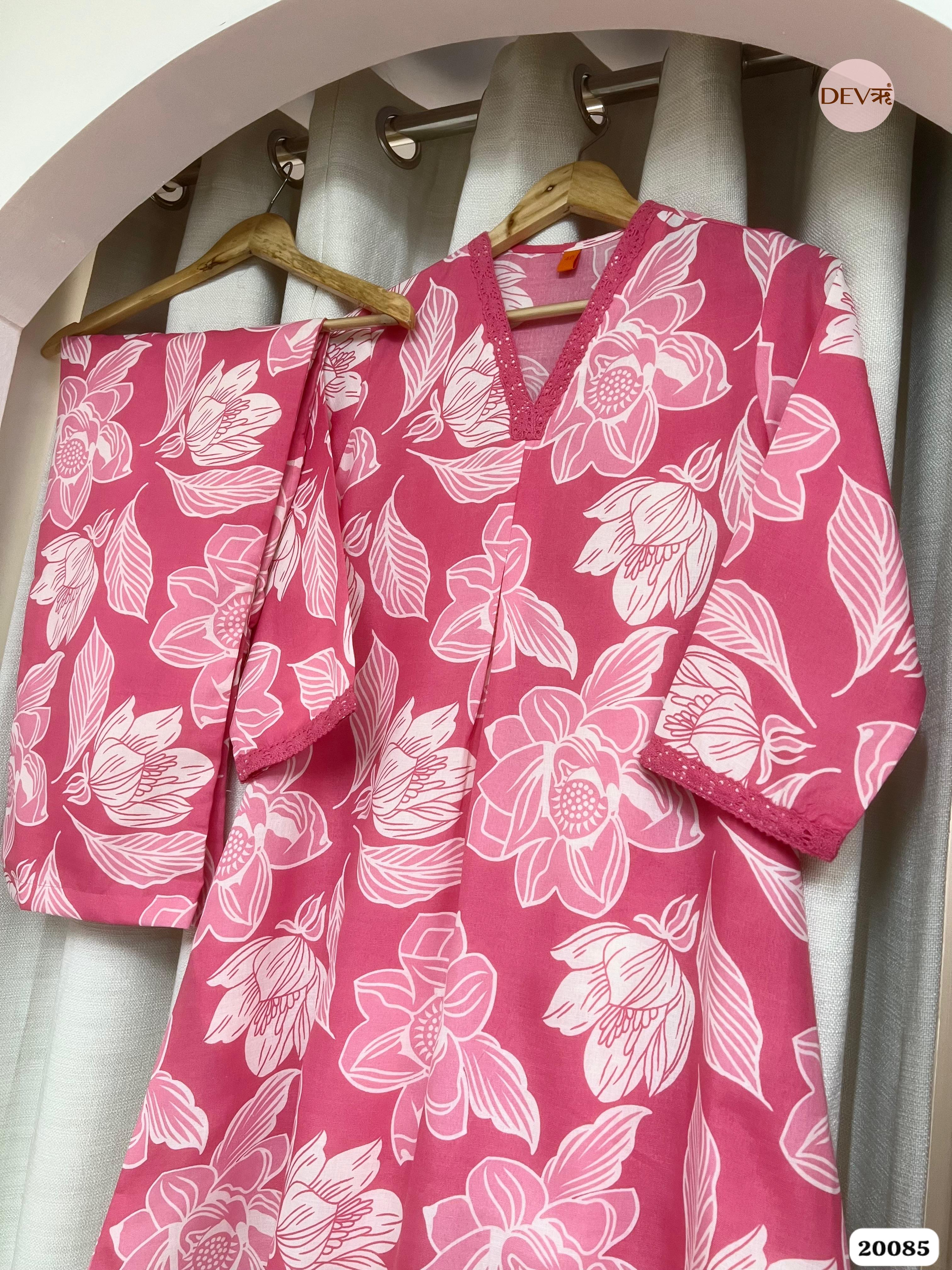 Zoya Cotton Printed Fuchsia pink White 2-Piece Set (Devri – D.No 20085)