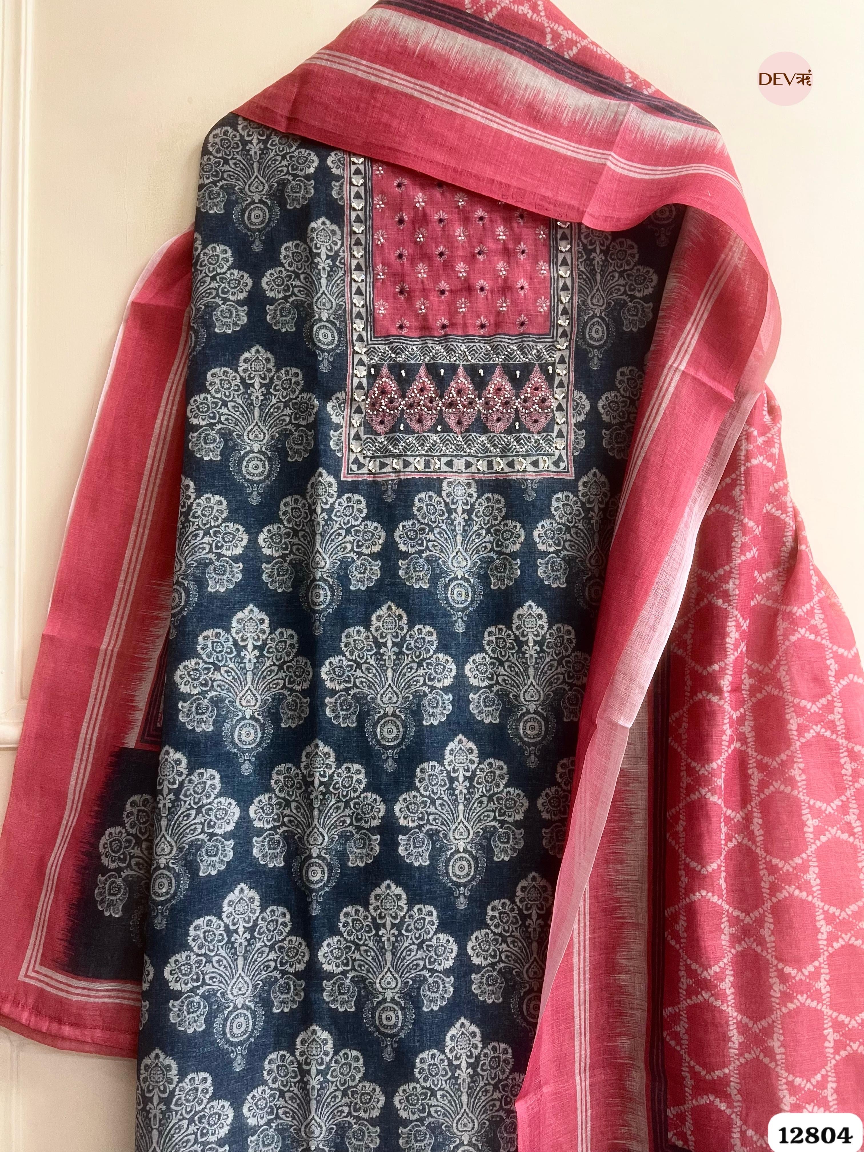 Navy Linen Cotton Printed Unstitched 3-Piece Suit (Devri – D.No 12804)