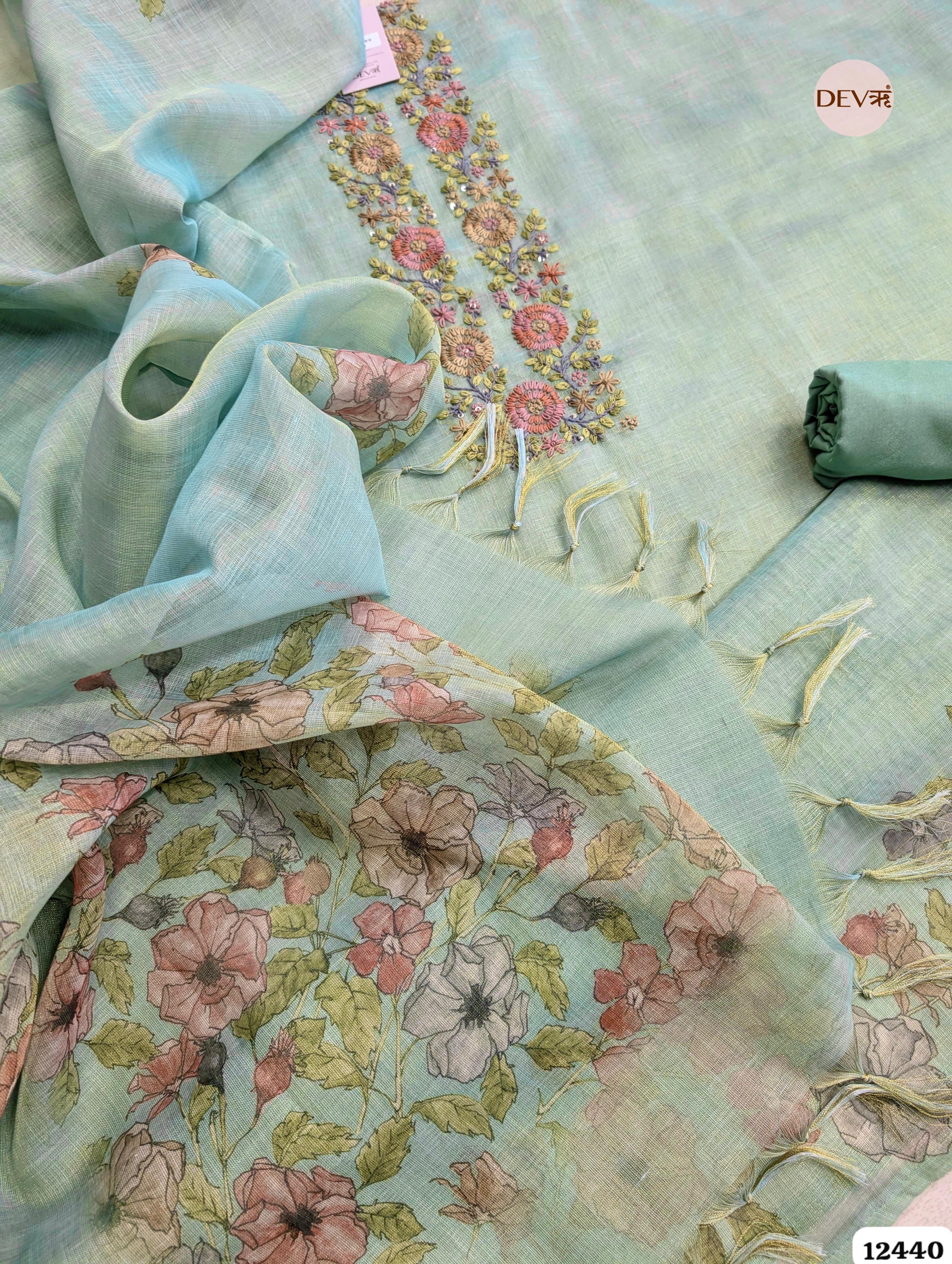 Mint Green Linen Printed Unstitched 3-Piece Suit (Devri – D.No. 12440)