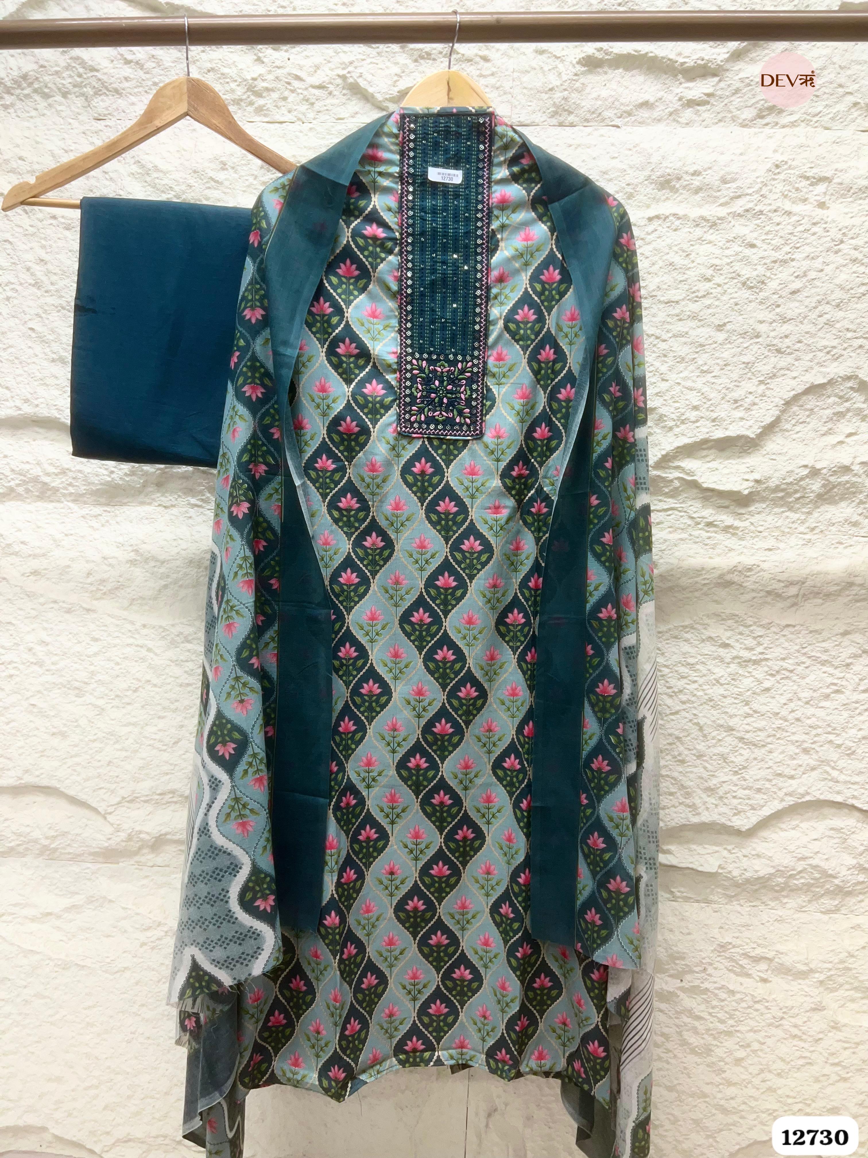 Teal Blue Cotton Embroidered Unstitched 3-Piece Suit (Devri – D.No 12730)