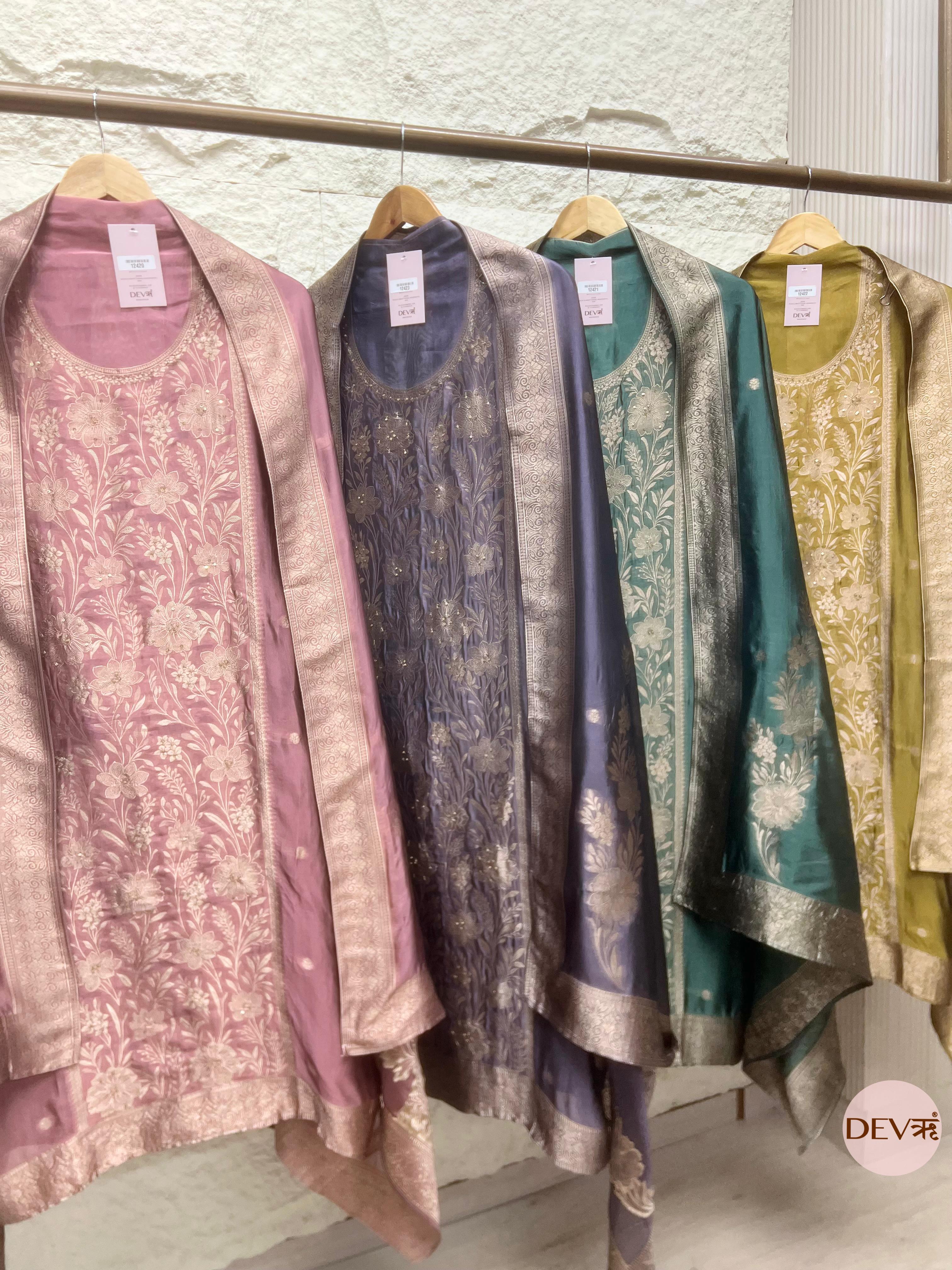 Teal Banarasi Silk Embroidered Unstitched 3-Piece Suit (Devri – D.No. 12421 )